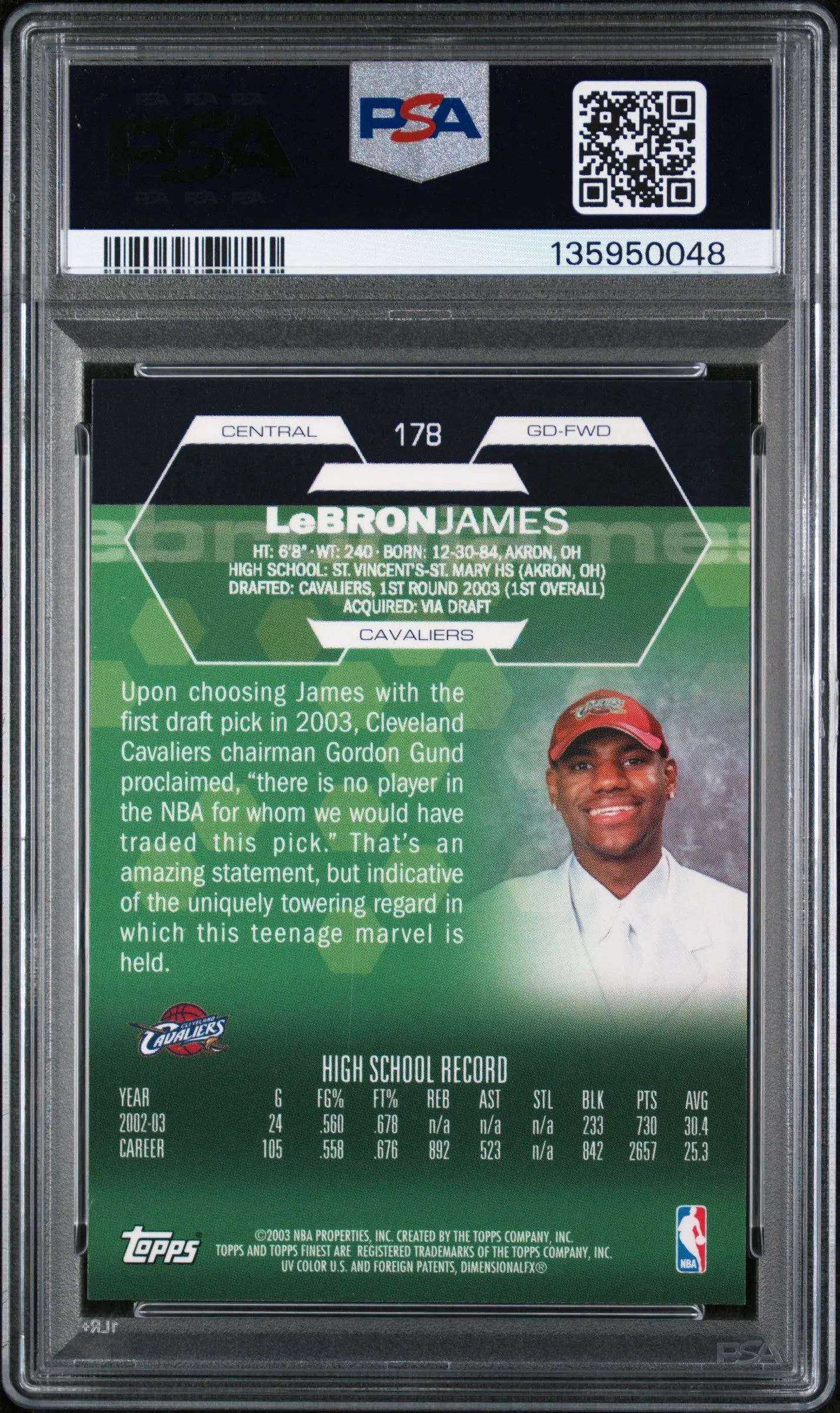 2002 Topps Finest LeBron James RC Rookie #178 PSA 10 