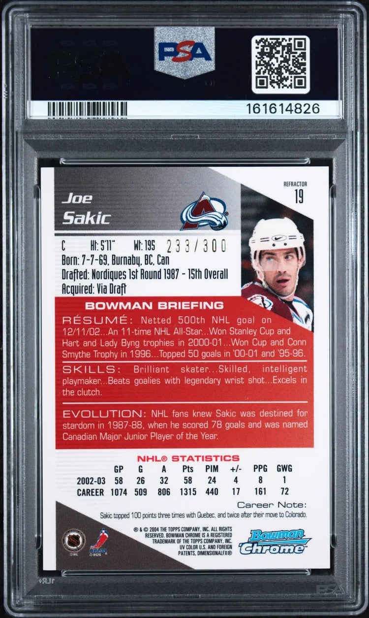 2003 Bowman Chrome Draft Picks & Prospects Joe Sakic Refractor /300 PSA 9 Pop. 2 