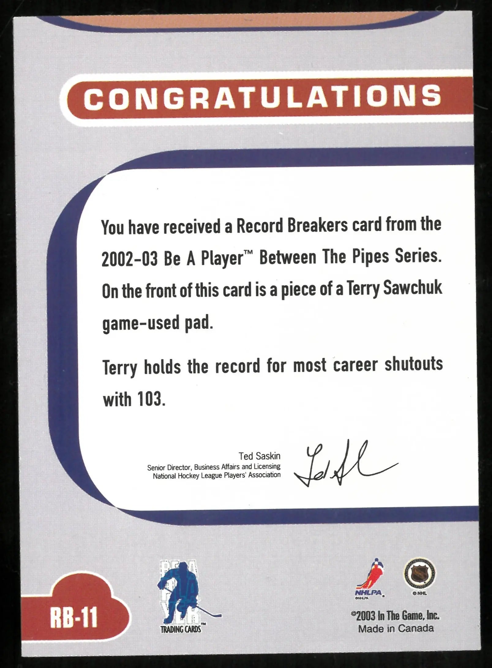 2003 In The Game Terry Sawchuk Game Worn Patch 