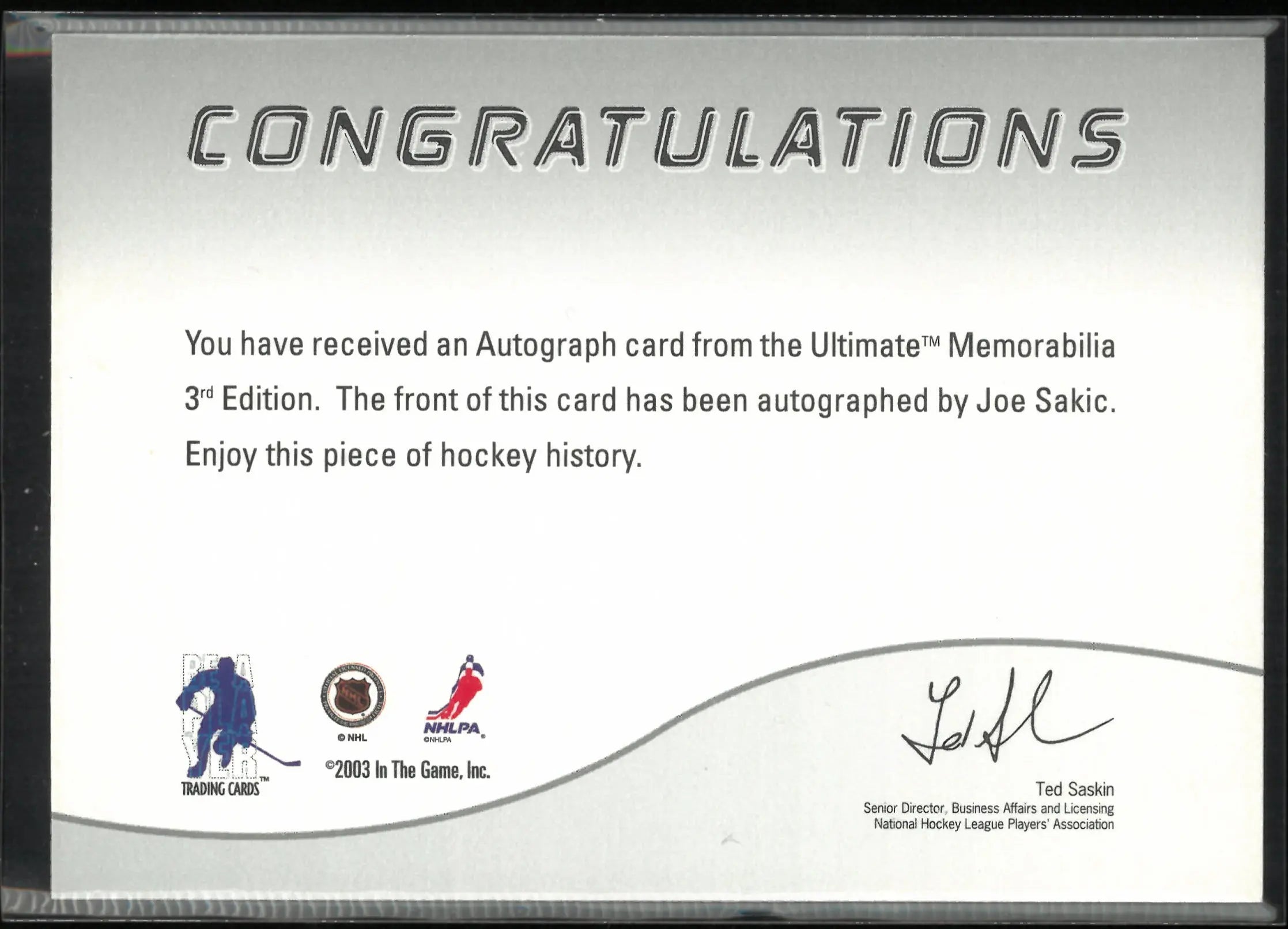 2003 In The Game Ultimate Autographs Joe Sakic Auto 
