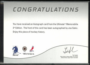 2003 In The Game Ultimate Autographs Joe Sakic Auto 