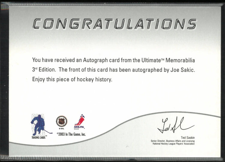 2003 In The Game Ultimate Autographs Joe Sakic Auto 
