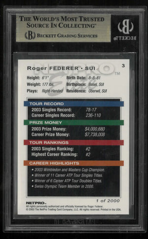 2003 NetPro Roger Federer Elite 1 of 2000 1/2000 BGS 10 