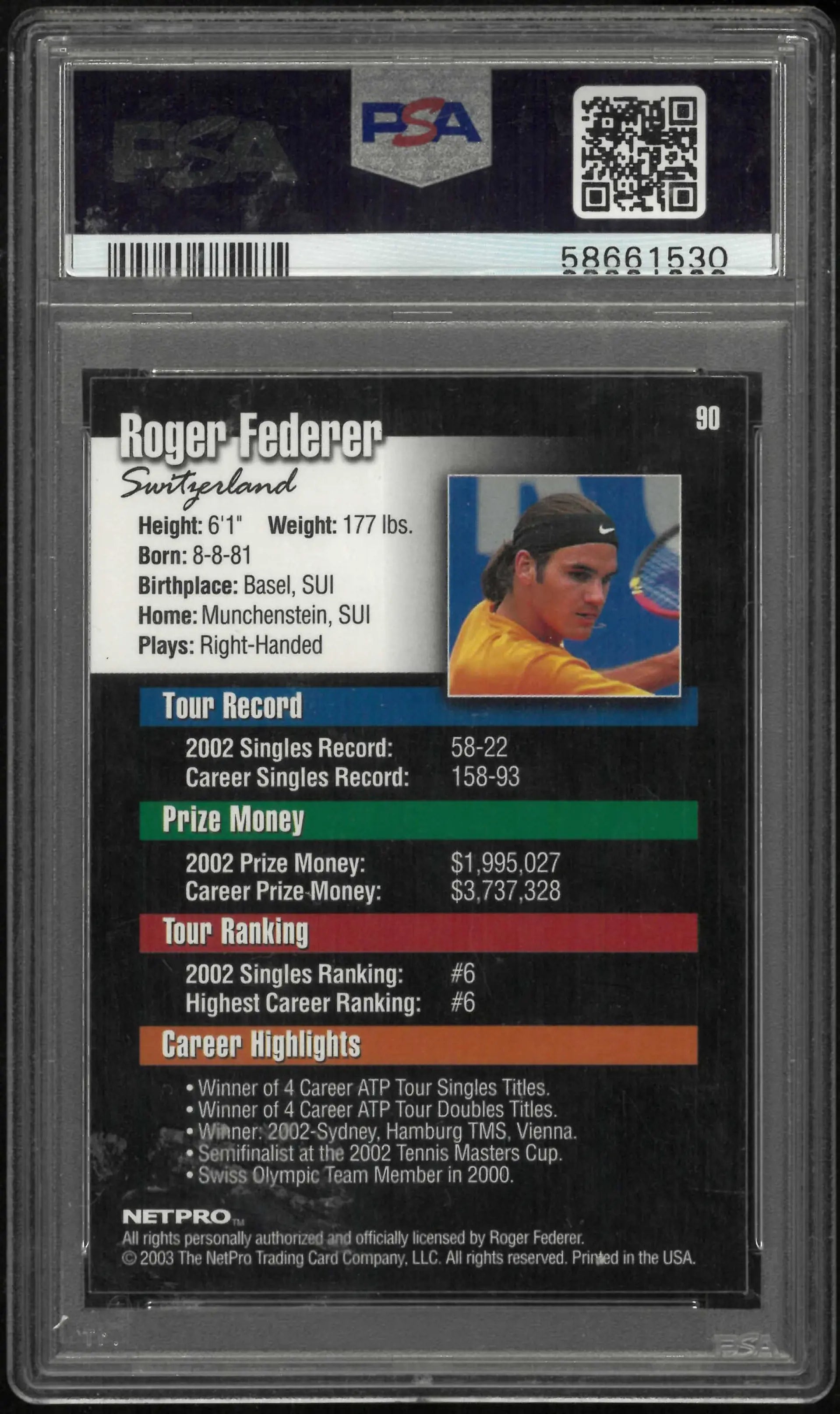 2003 Netpro Tennis Roger Federer PSA 9 