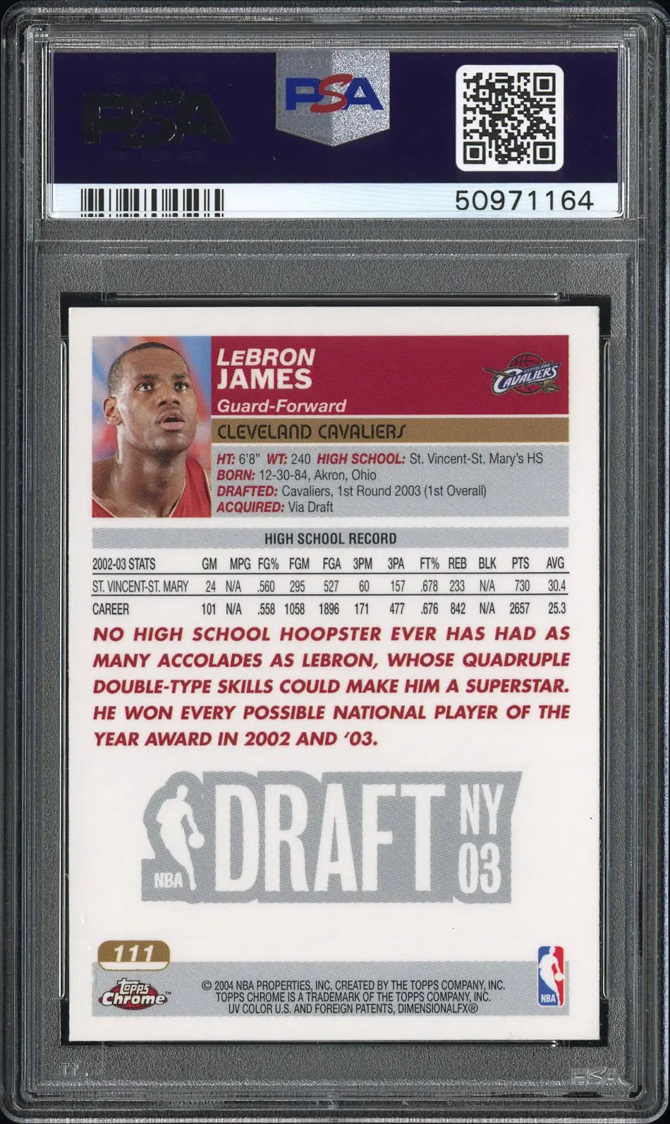 2003 Topps Chrome Basketball LeBron James RC Rookie PSA 10 #111 