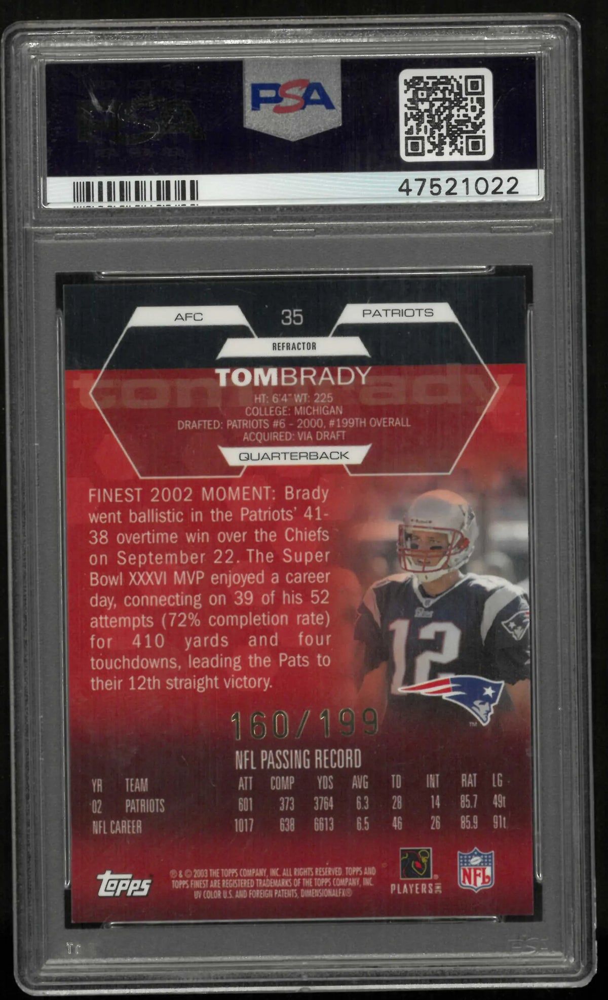 2003 Topps Finest Tom Brady Refractor /199 PSA 9 