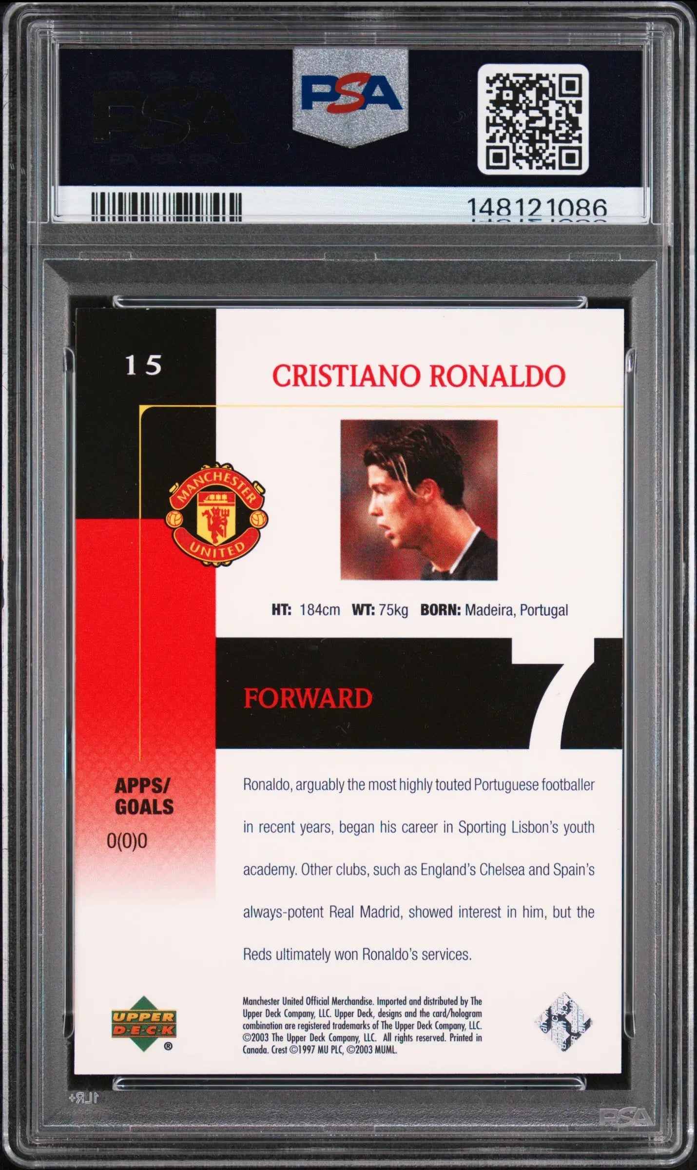 2003 Upper Deck Manchester United Black Jersey Cristiano Ronaldo #15 PSA 8 