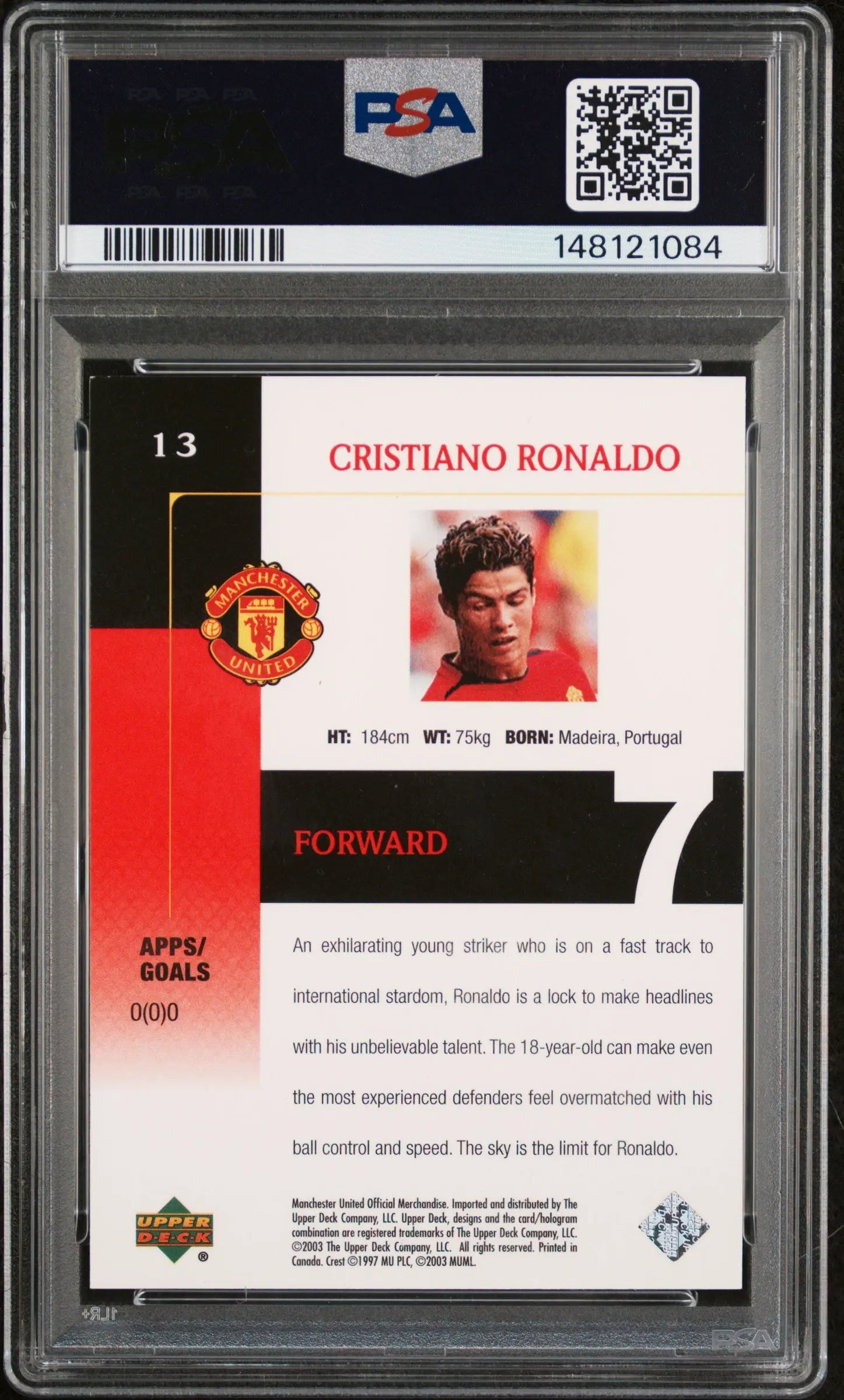 2003 Upper Deck Manchester United Red Jersey Cristiano Ronaldo #13 PSA 6 