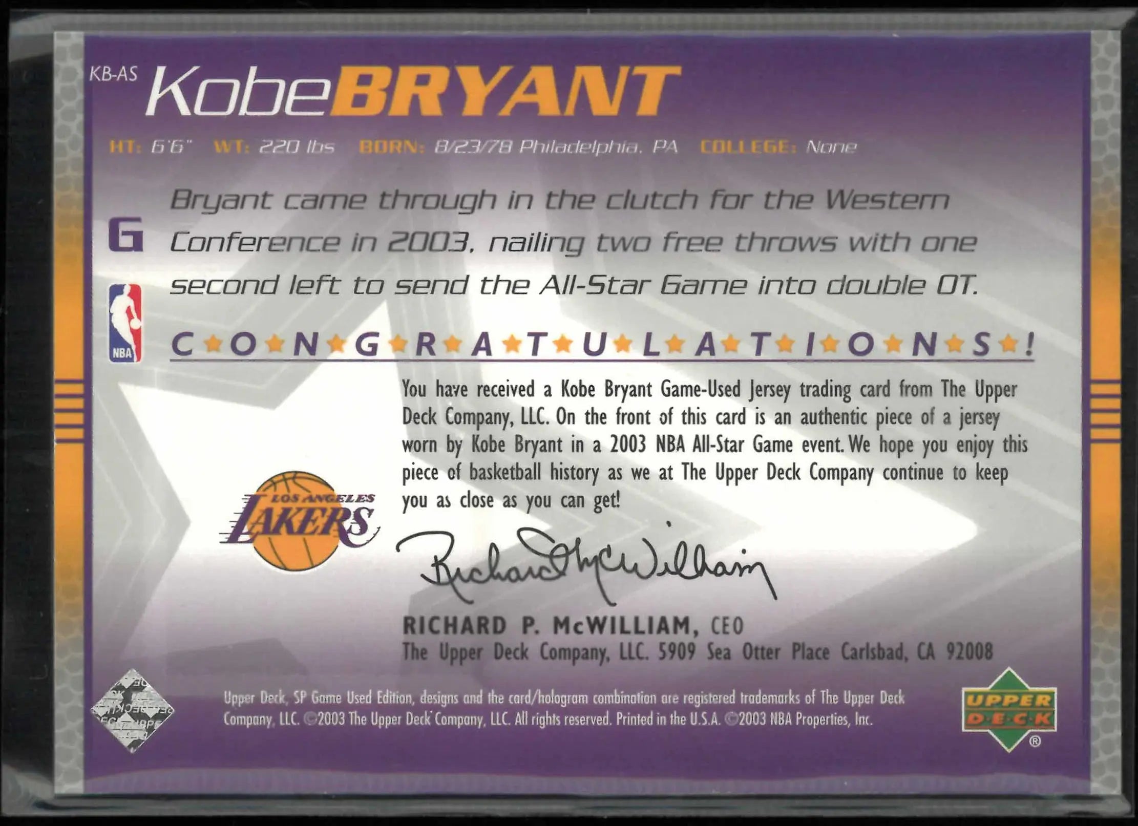 2003 Upper Deck SP Game Used All Star Apparel Patch Kobe Bryant 