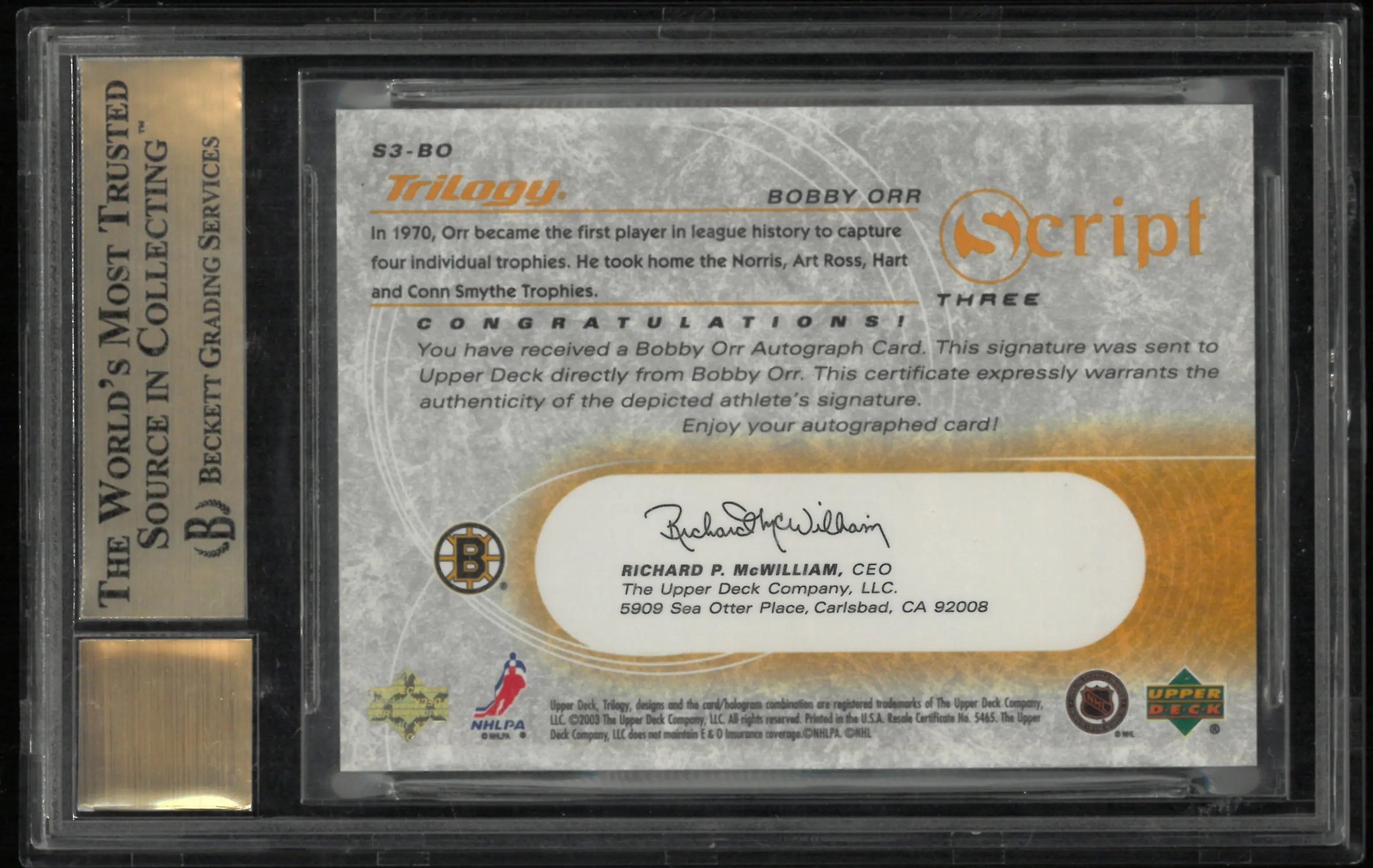 2003 Upper Deck Trilogy Scripts Autograph Bobby Orr BGS 9.5 Auto 9 