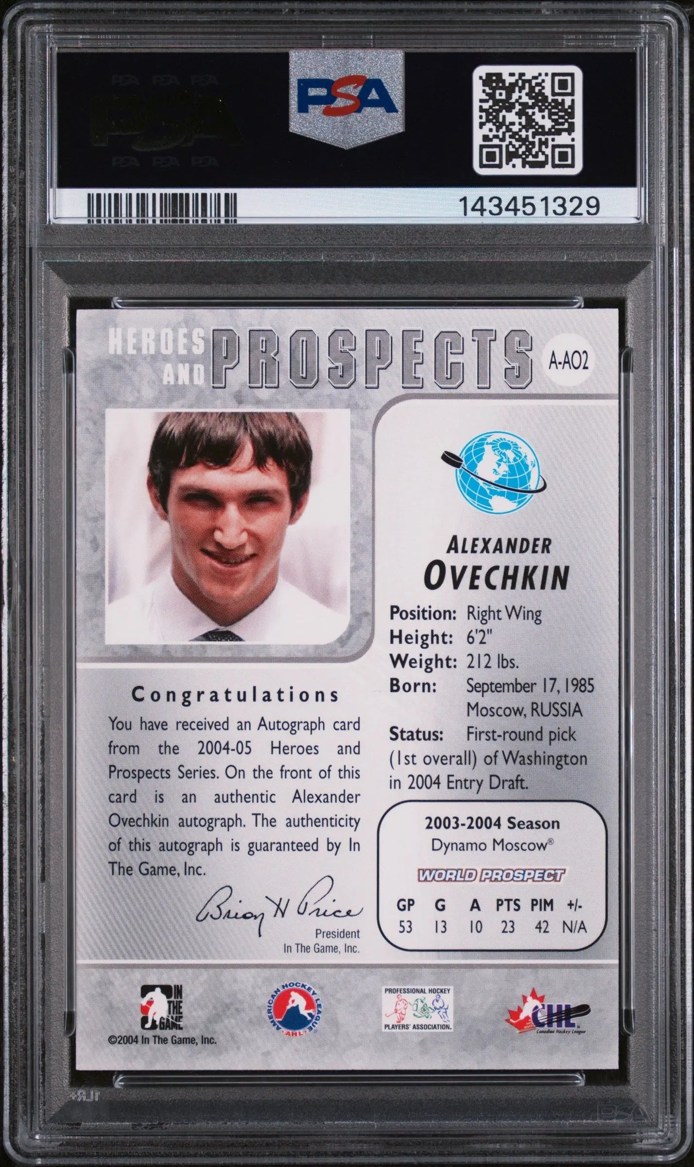 2004 In The Game Heroes & Prospects Autograph Alexander Ovechkin Auto Pros PSA 9 