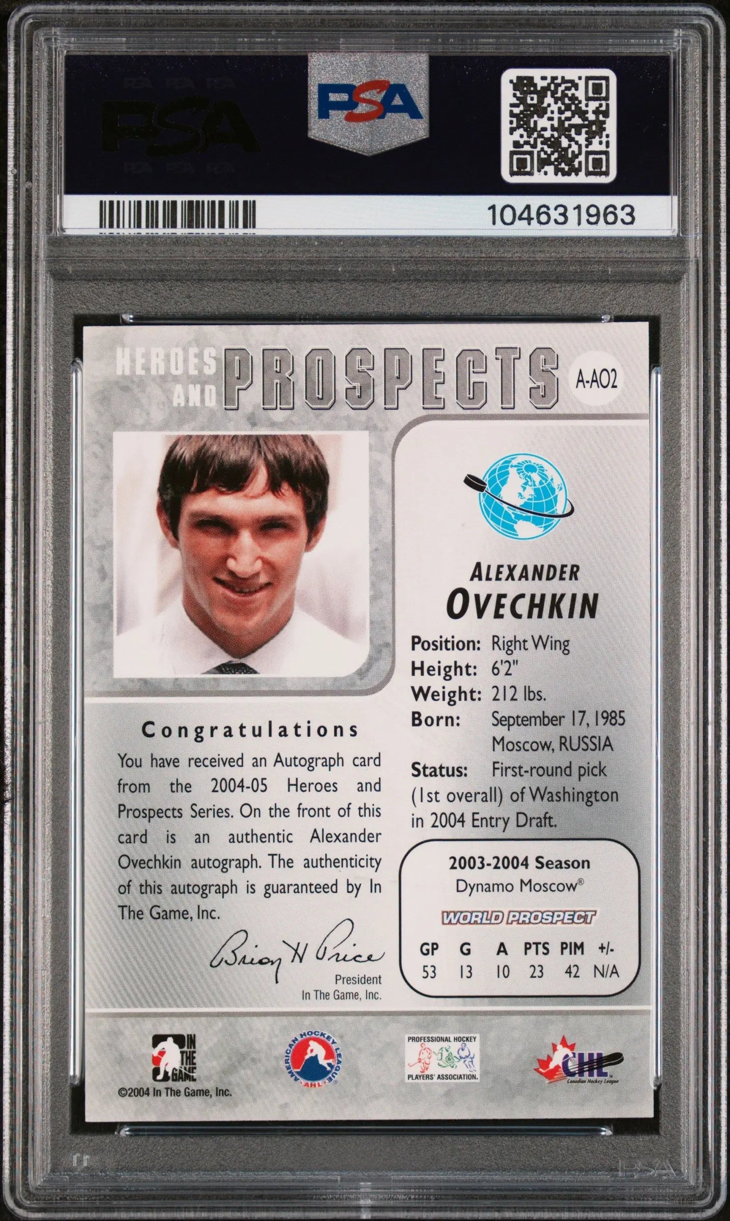 2004 In The Game Heroes & Prospects Autographs Alexander Ovechkin RC PSA 9 