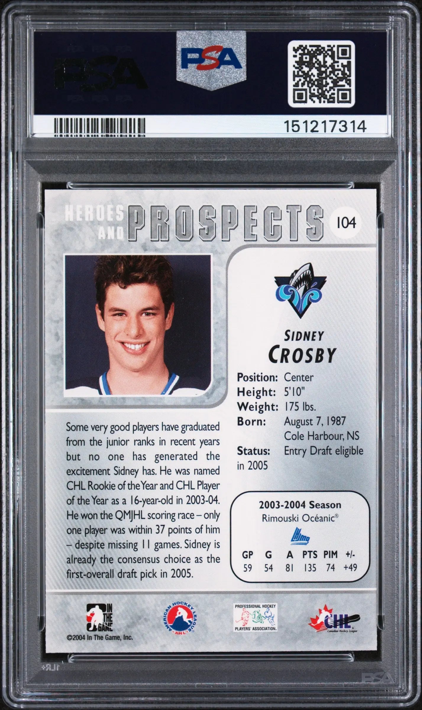 2004 In The Game Heroes & Prospects Sidney Crosby  PSA 9 