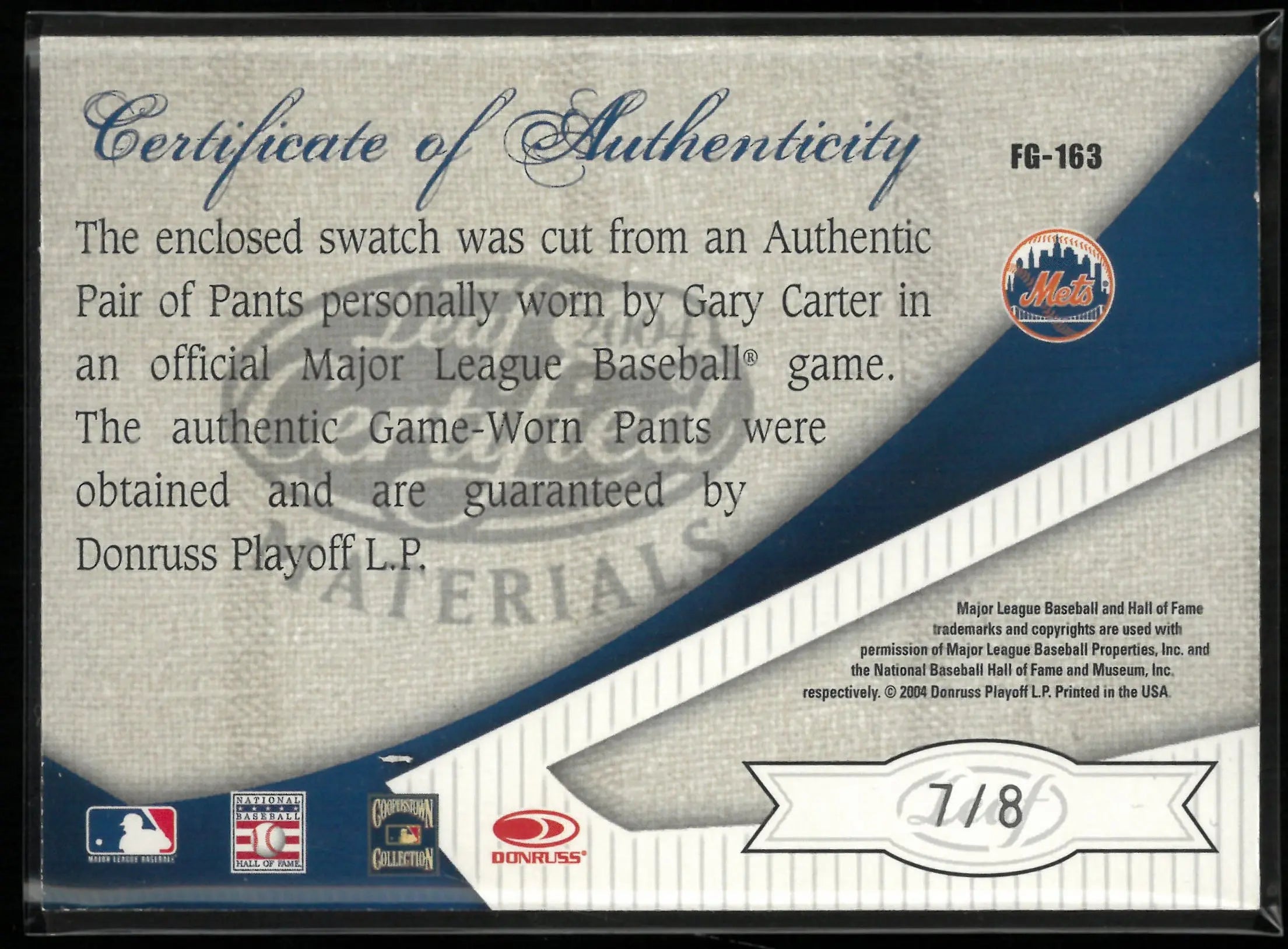 2004 Leaf Donruss Fabric of the Game Autograph Gary Carter Patch Auto /8 