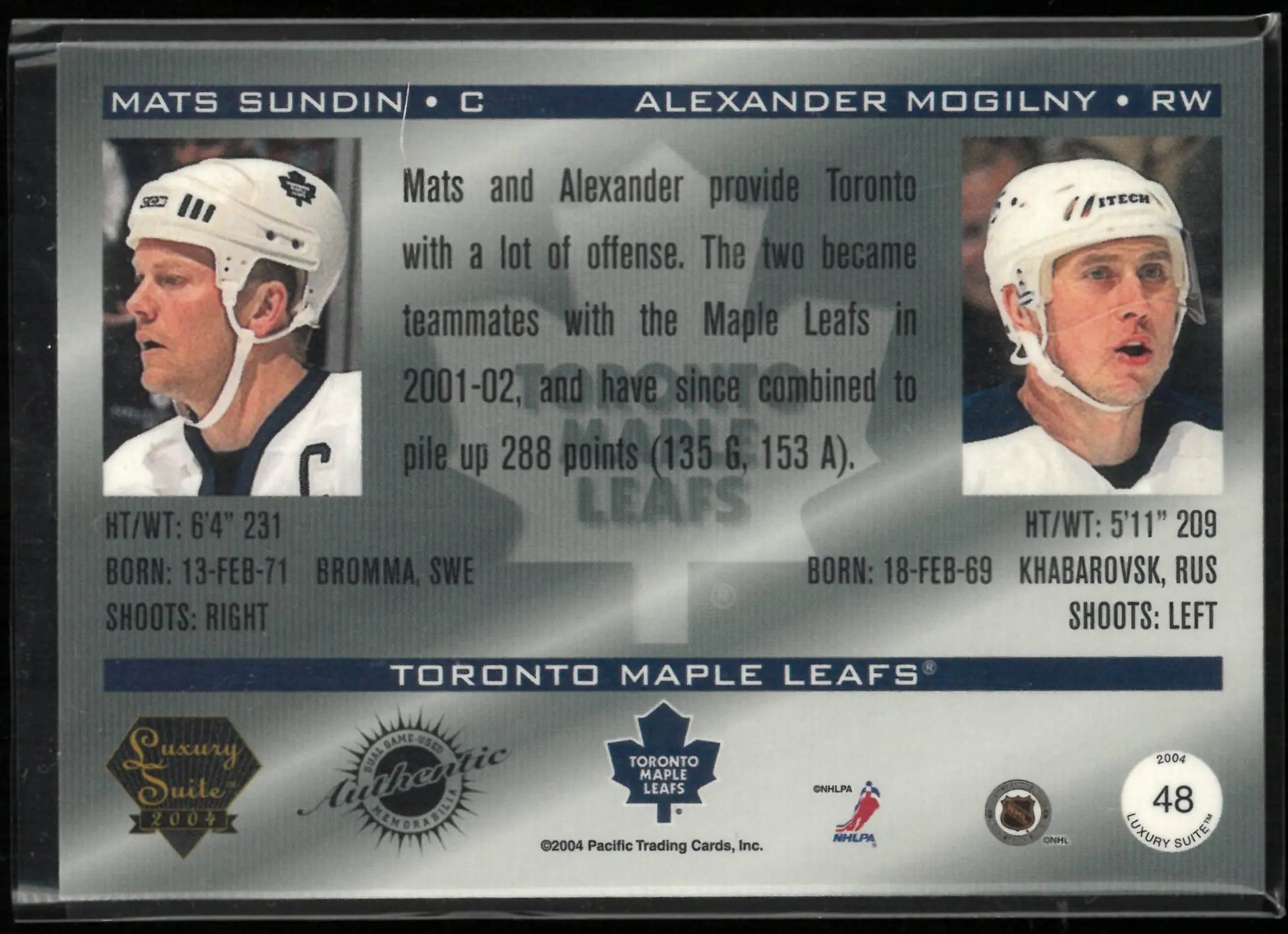 2004 Pacific Trading Luxary Suite Authentic Patch Mats Sundin/Alexander Mogilny /500 