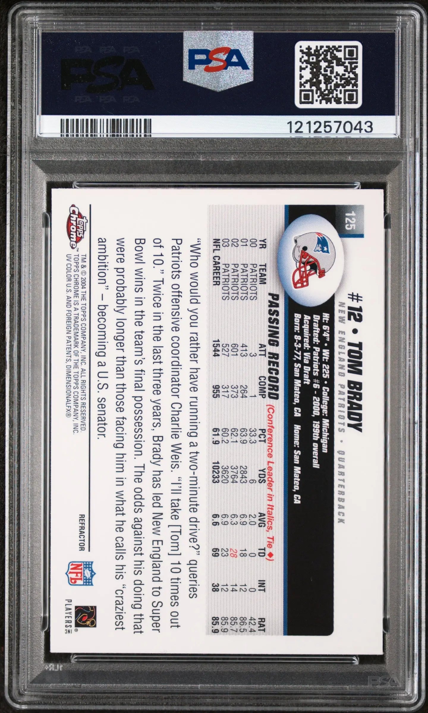 2004 Topps Chrome Football Tom Brady #125 Refractor PSA 8 
