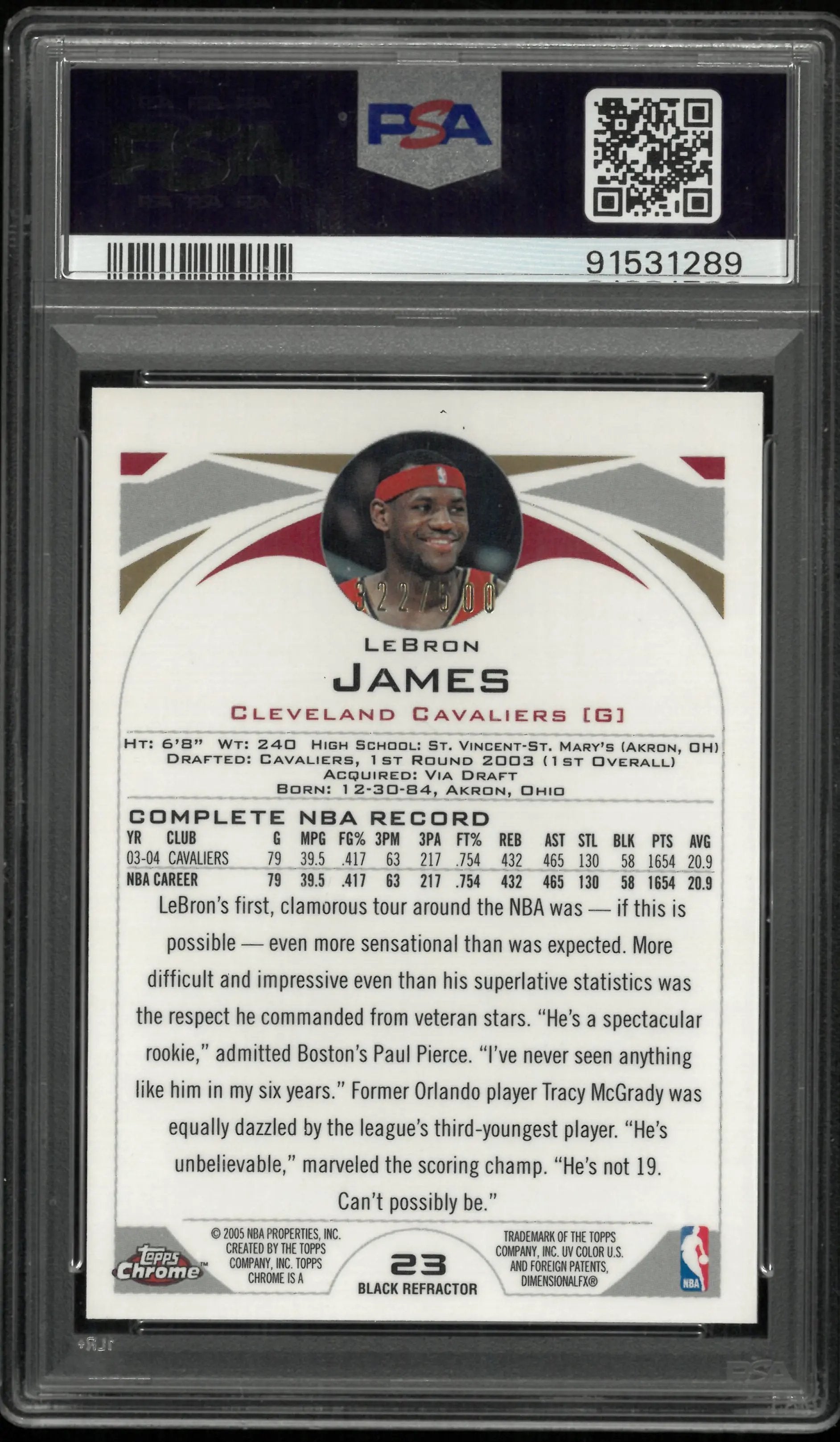 2004 Topps Chrome LeBron James Black Refractor PSA 9 /500
