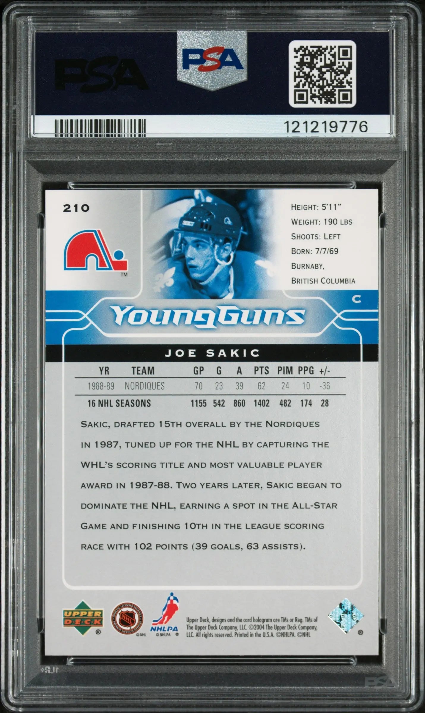 2004 Upper Deck Joe Sakic Young Guns Legend #210 PSA 9 