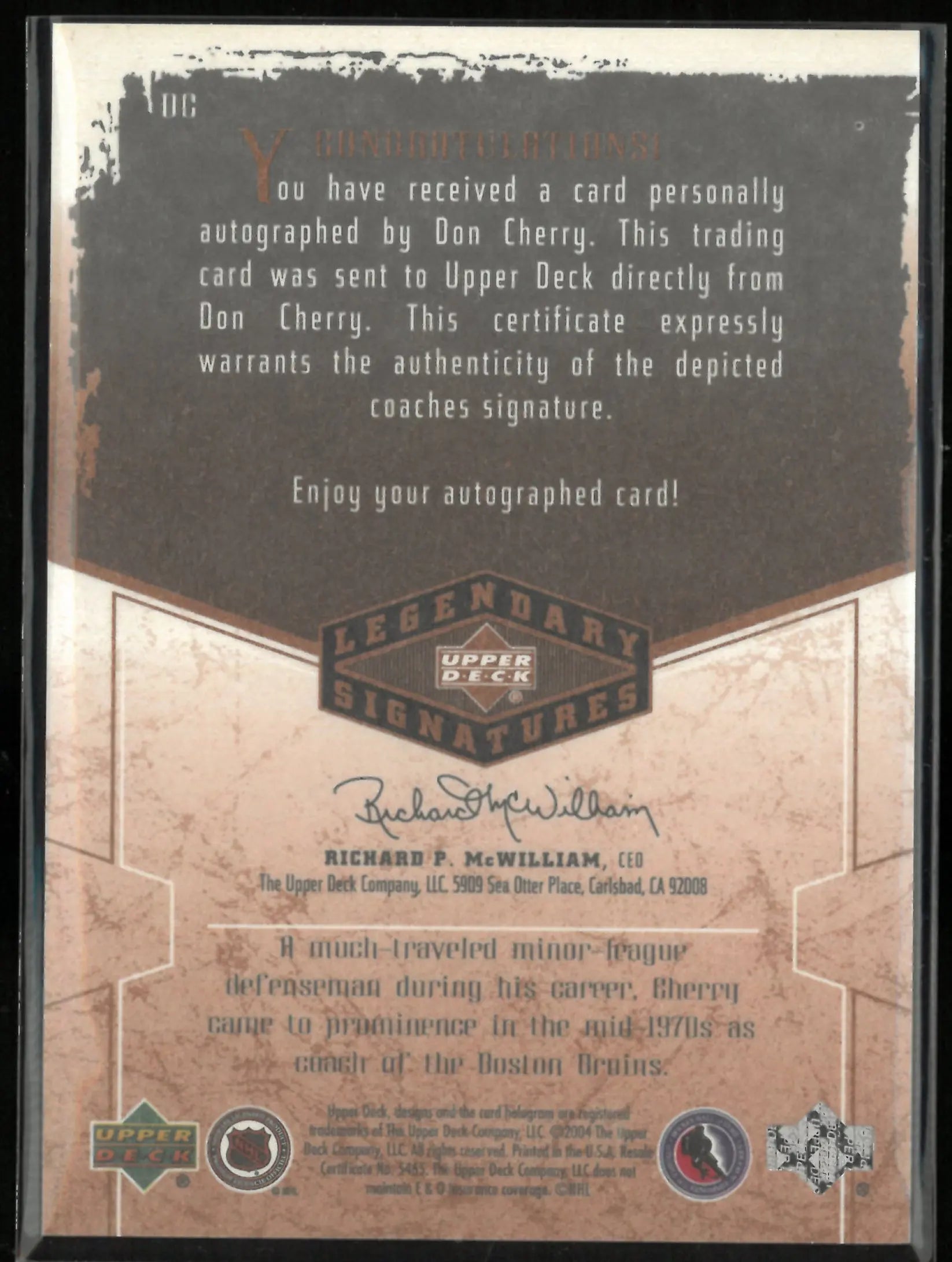 2004 Upper Deck Legendary Signatures Autograph Don Cherry Auto 
