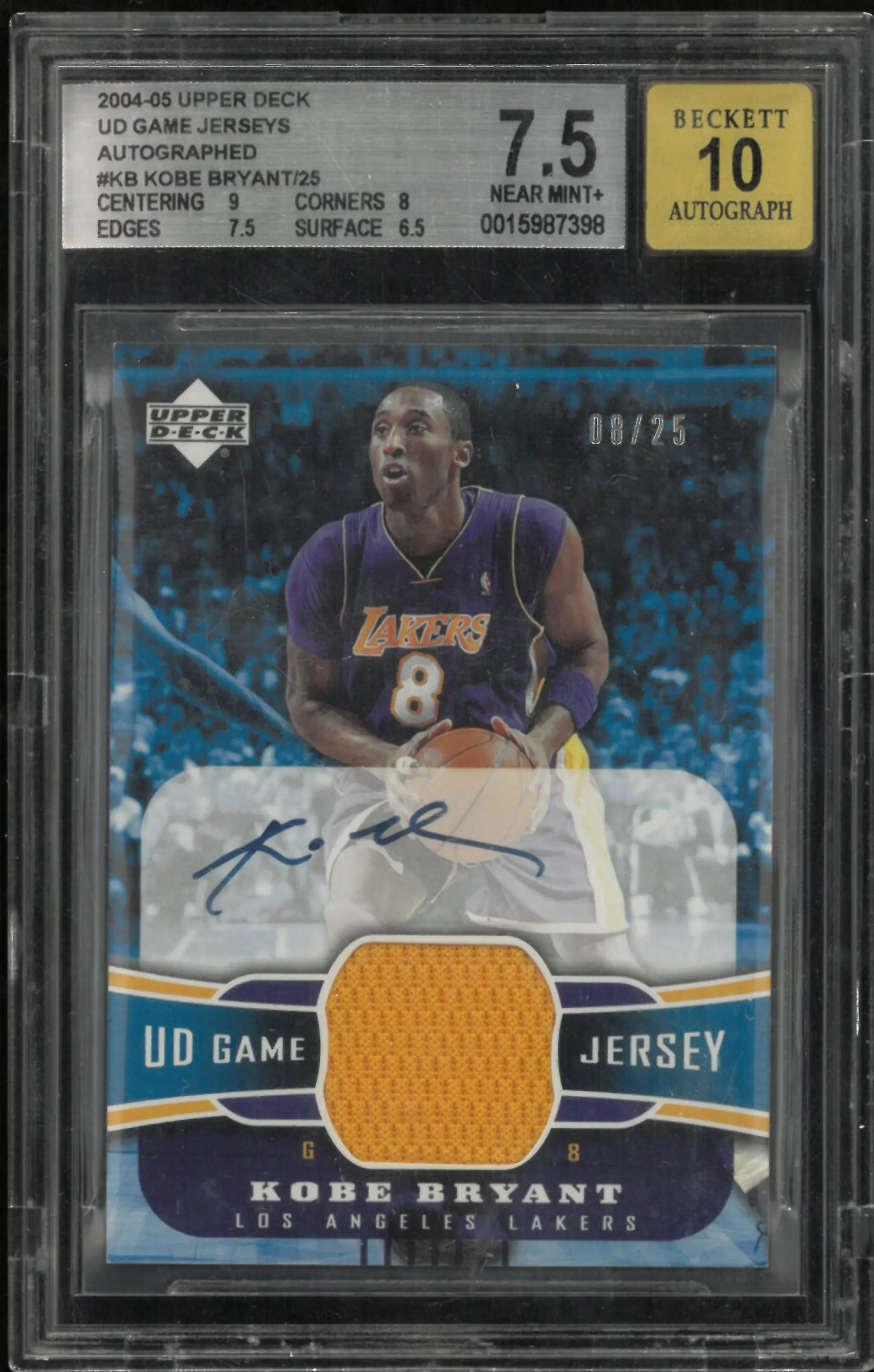 2004 Upper Deck UD Game Jersey Autograph Auto Kobe Bryant 8/25 BGS 7.5 Auto 10 