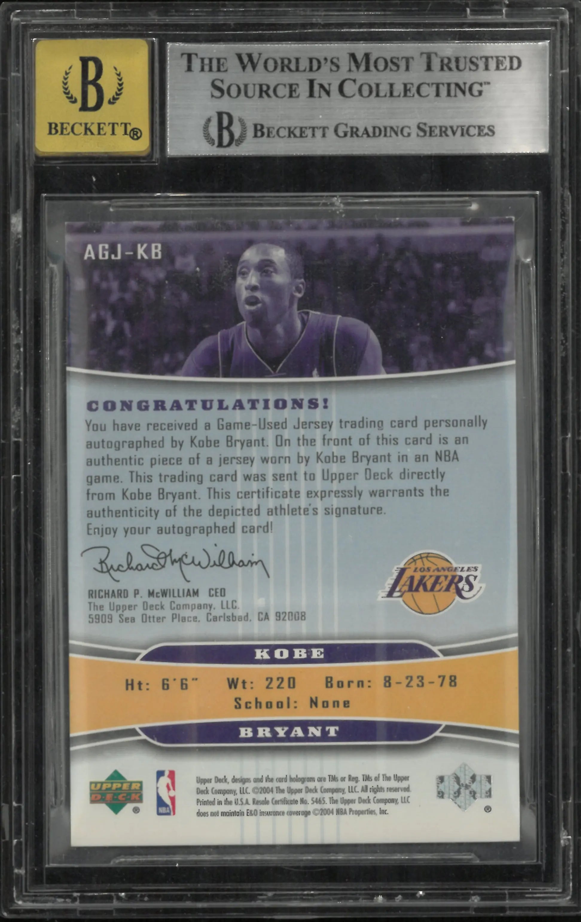2004 Upper Deck UD Game Jersey Autograph Auto Kobe Bryant 8/25 BGS 7.5 Auto 10 