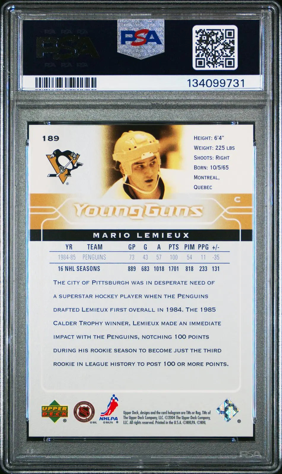 2004 Upper Deck Young Guns Retro Mario Lemieux Canadian Exclusives Pop 1 PSA 9 