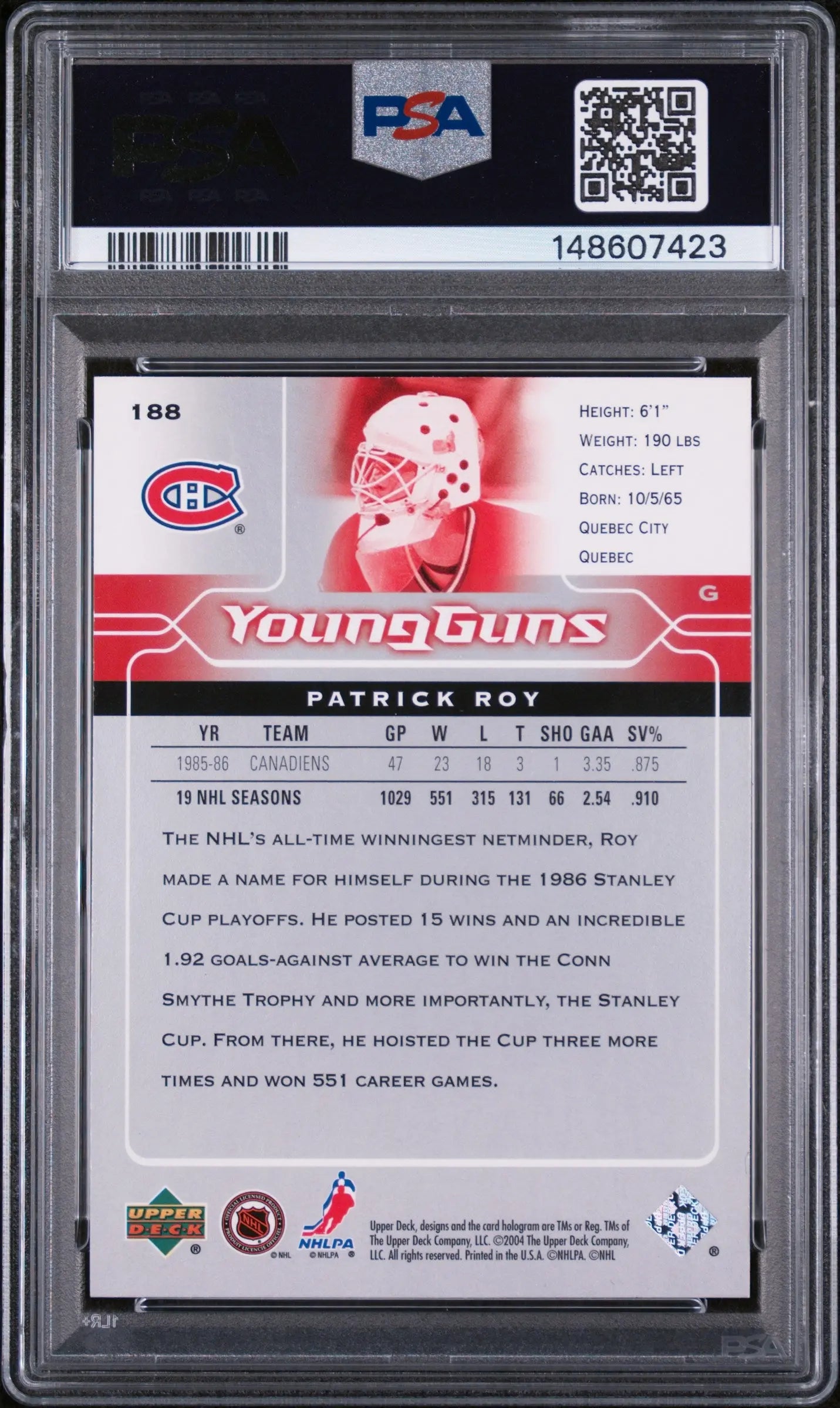 2004 Upper Deck Young Guns Rookie Patrick Roy RC PSA 8 