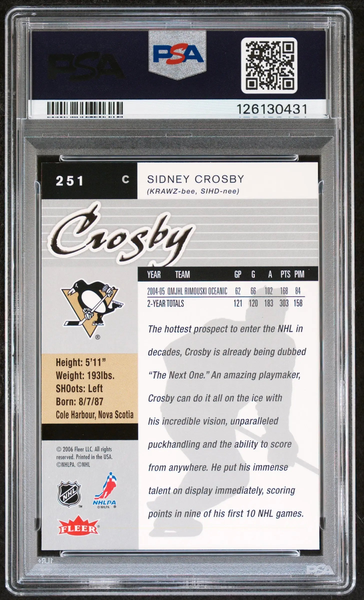 2005-06 Fleer Ultra Sidney Crosby RC Rookie #251 PSA 9 