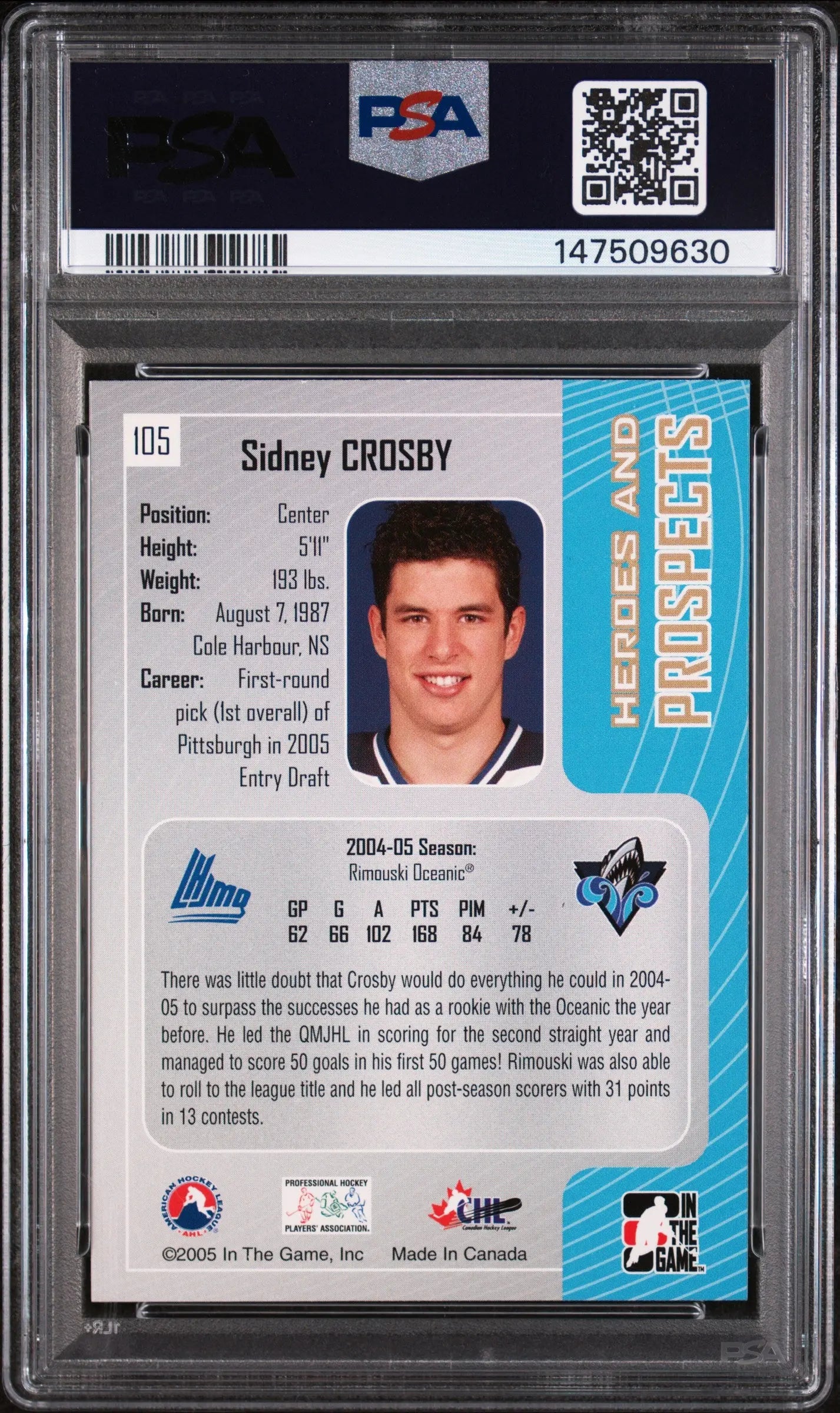 2005-06 In The Game Heroes Prospects Sidney Crosby RC Rookie #105 PSA 10 