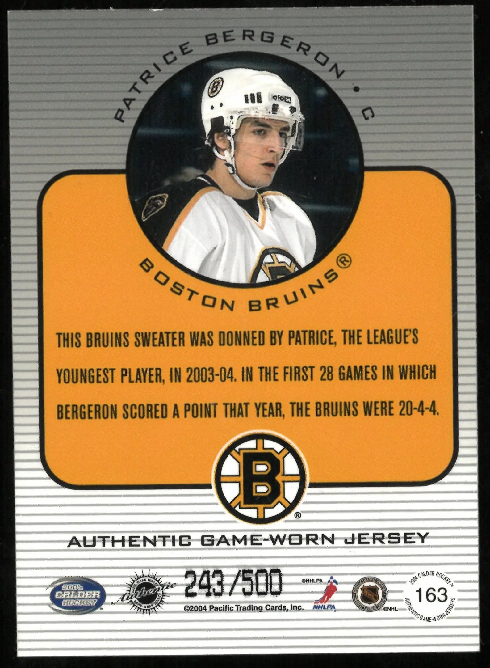 2005-06 Pacific Hockey Patrice Bergeron RC Rookie Game Worn Jersey Patch /500 