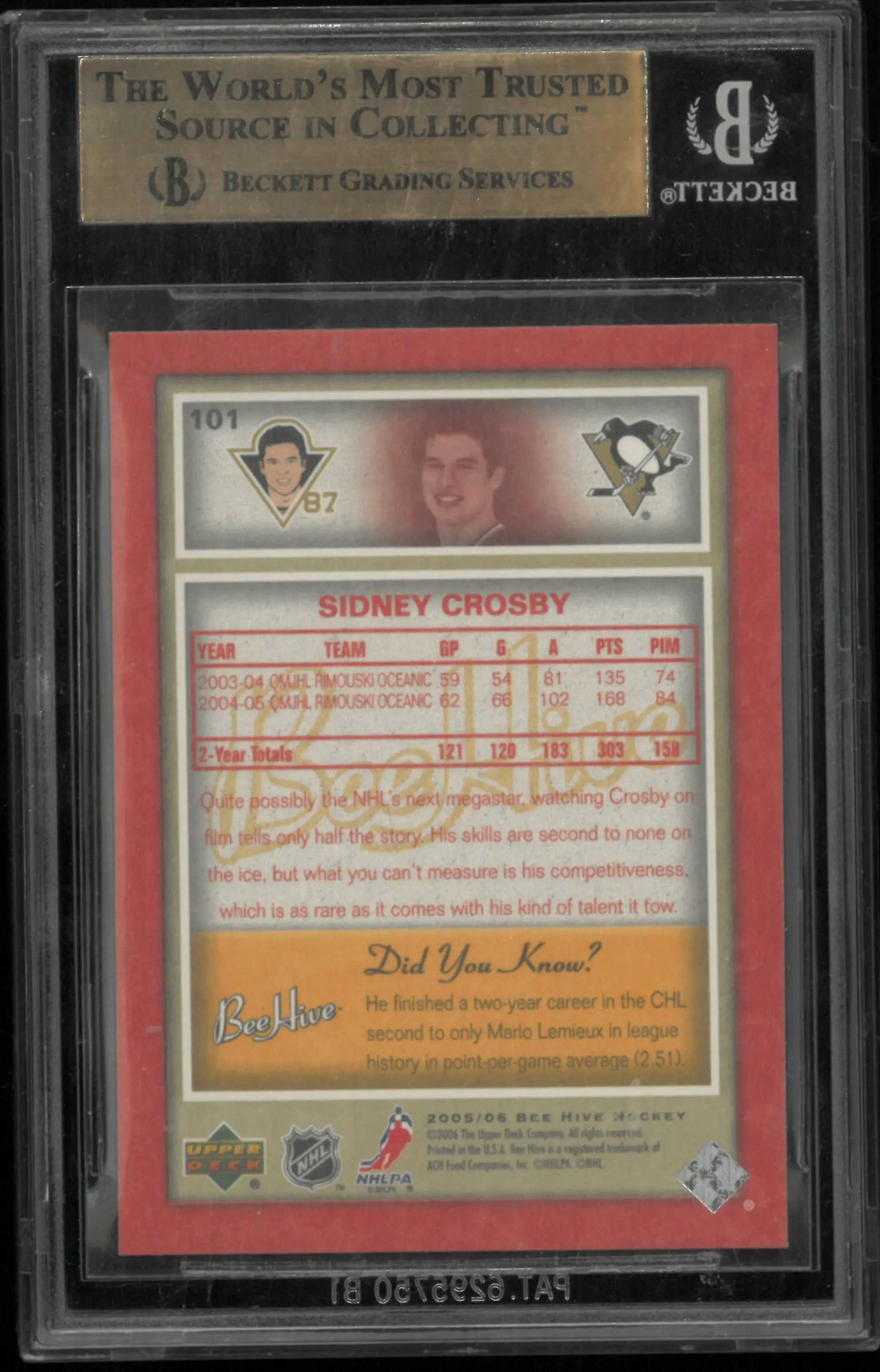 2005-06 UD Beehive Red Sidney Crosby RC Rookie BGS 9.5 High Sub Grades 
