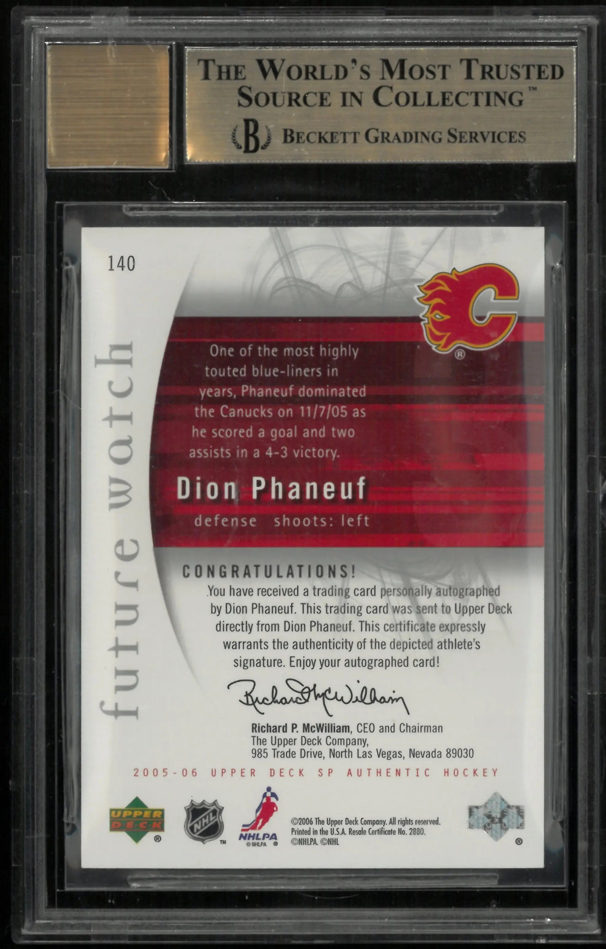 2005-06 UD SP Authentic Dion Phaneuf RC Rookie Future Watch Auto BGS 9.5 Auto 9 