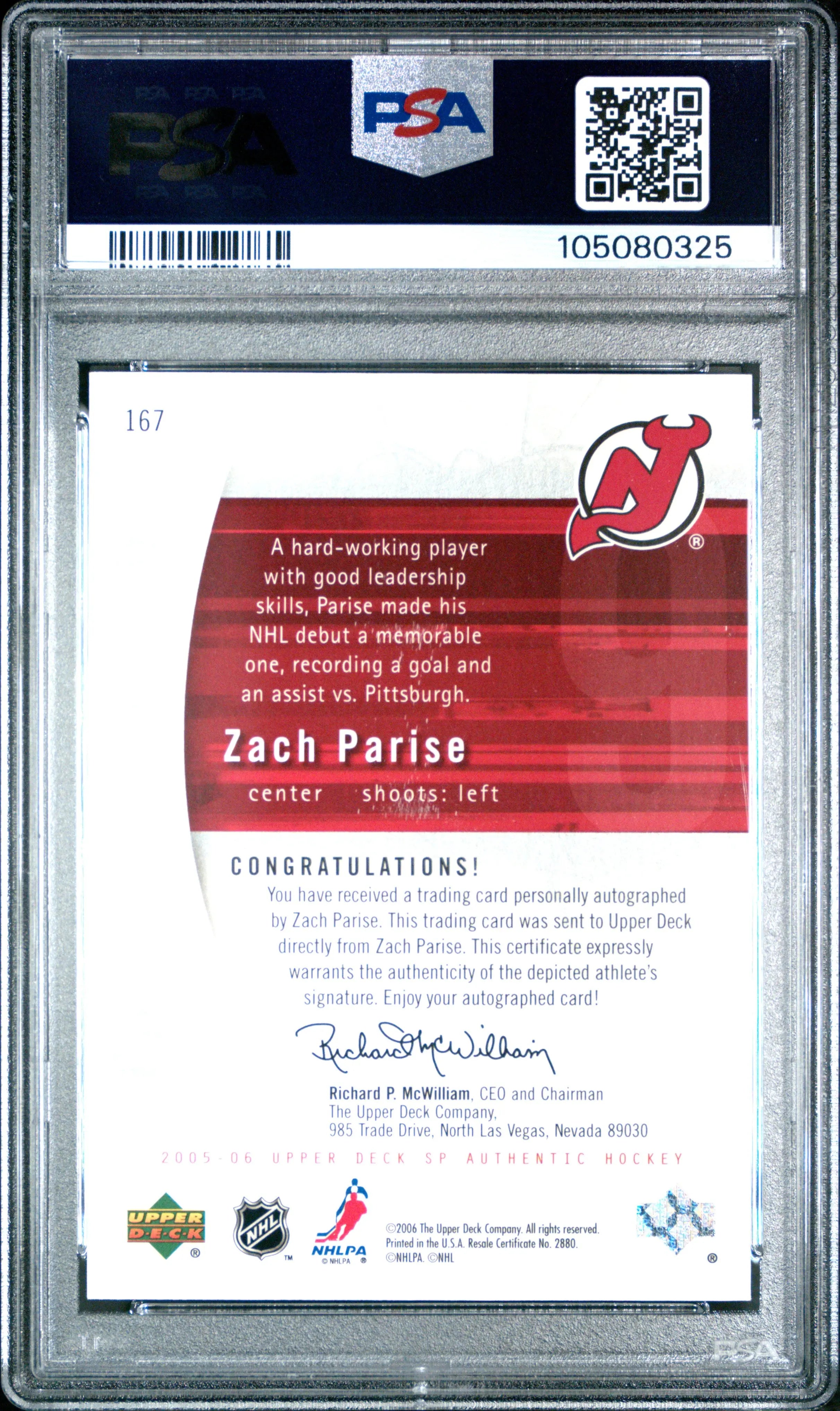2005-06 UD SP Authentic Zach Parise RC Future Watch Auto Autograph /999 PSA 10 