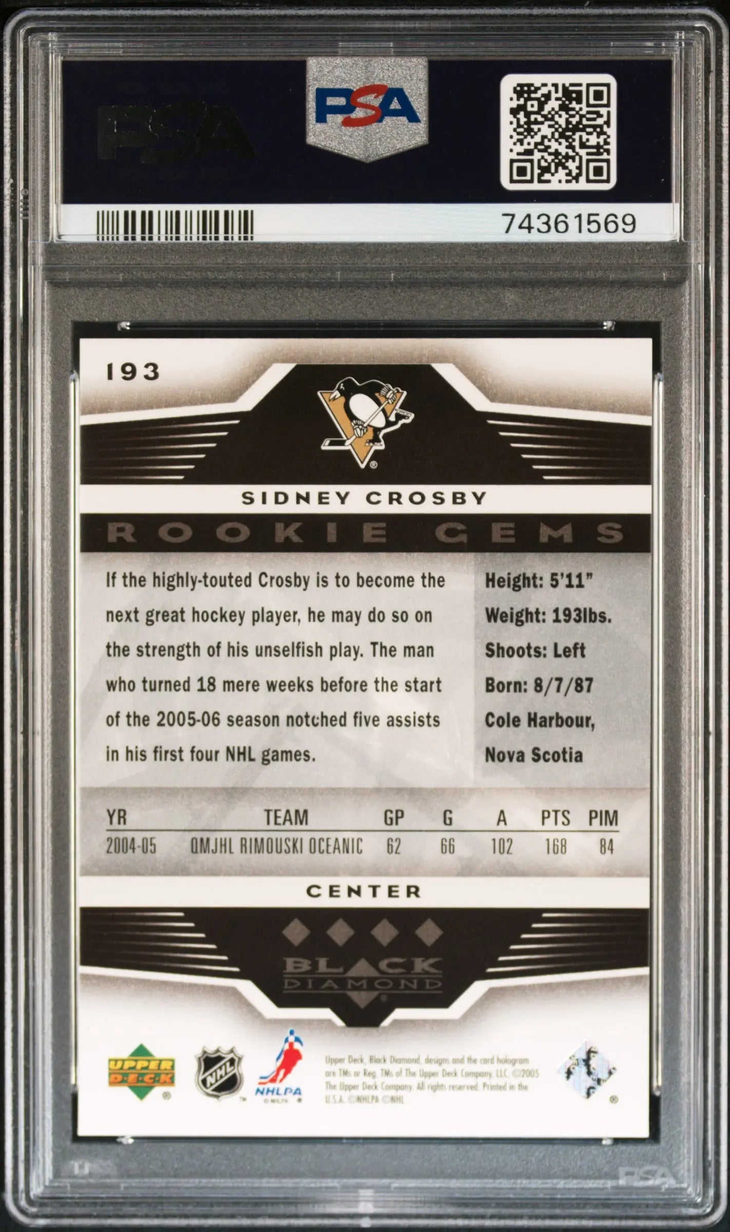 2005-06 Upper Deck Black Diamond Sidney Crosby RC Rookie Gems Quadruple PSA 8 