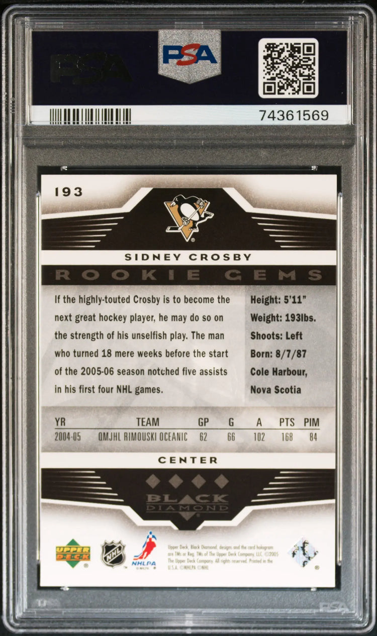 2005-06 Upper Deck Black Diamond Sidney Crosby RC Rookie Gems Quadruple PSA 8 