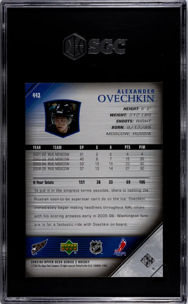 2005-06 Upper Deck Hockey Alexander Ovechkin Young Guns RC Rookie #443 SGC 10 