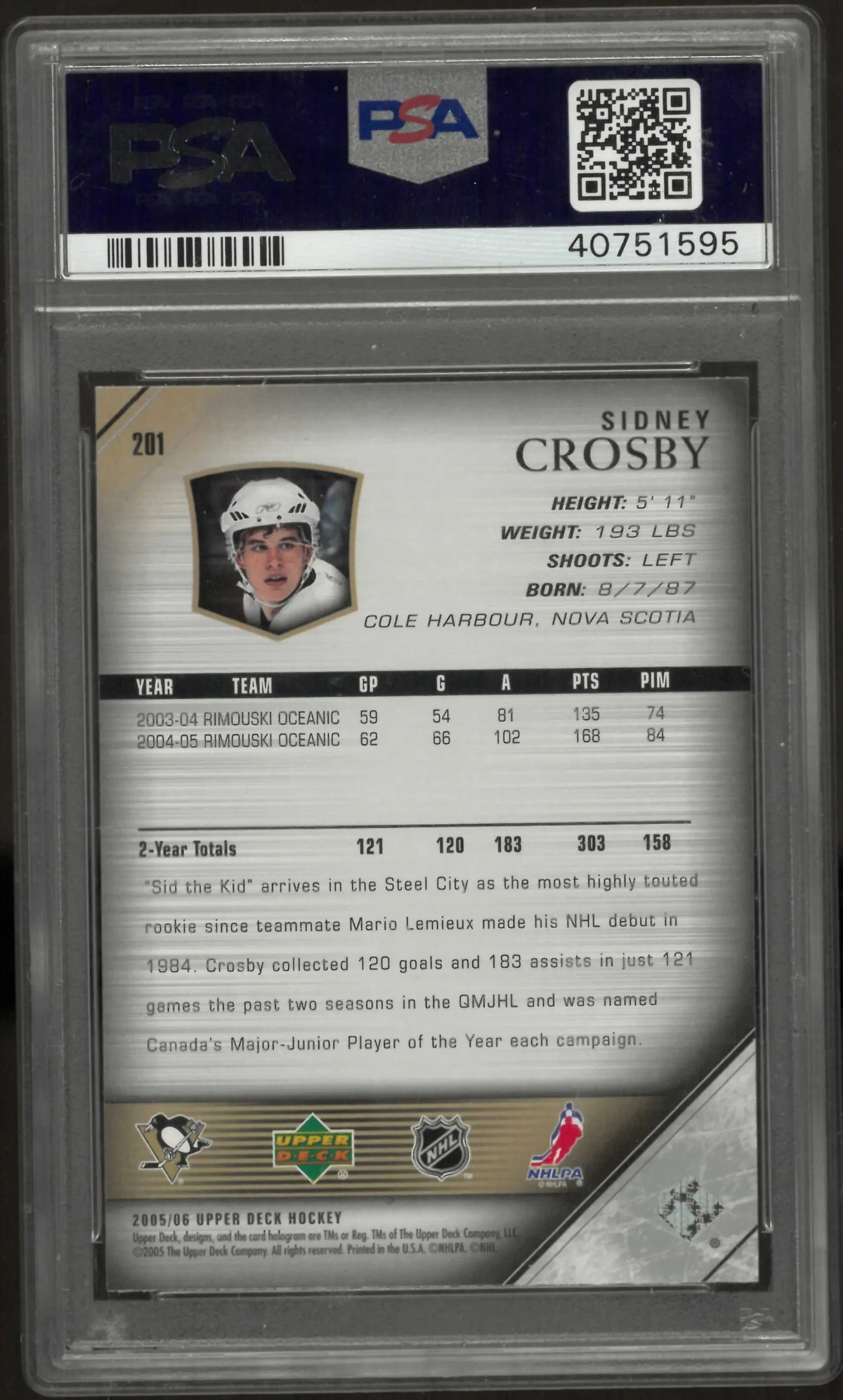 2005-06 Upper Deck Hockey Sidney Crosby Young Guns RC Rookie #201 PSA 10 