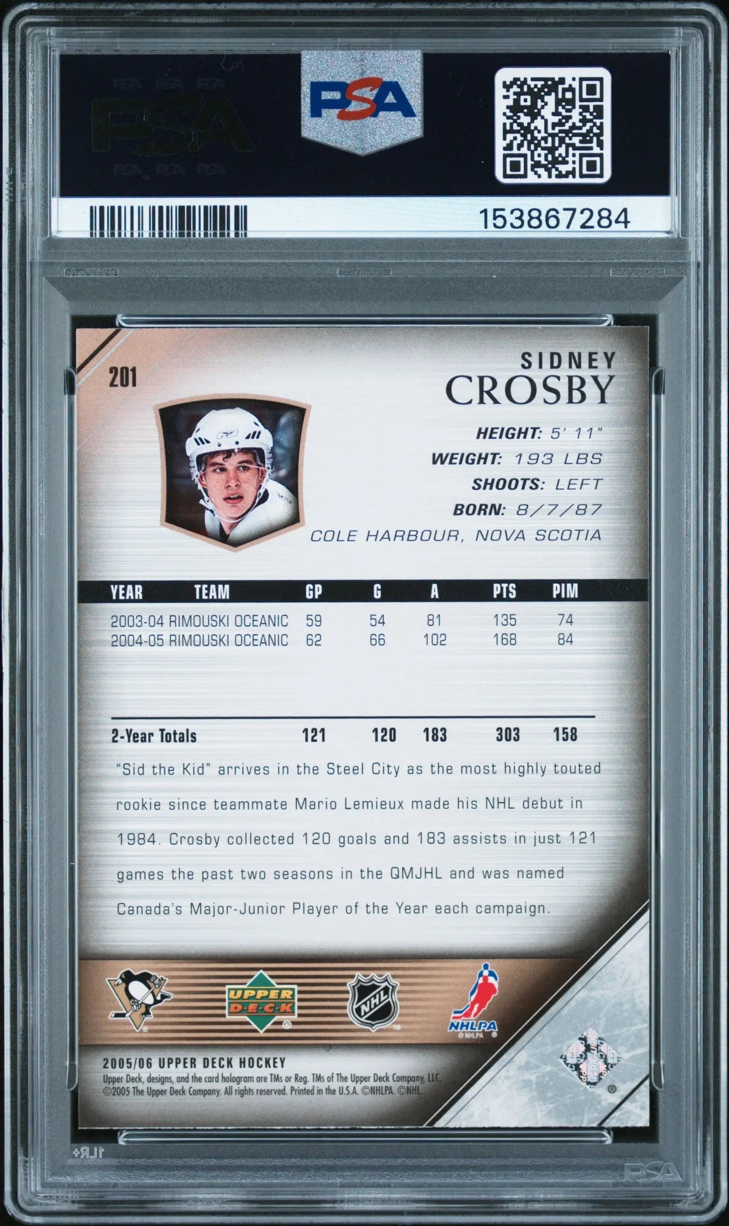 2005-06 Upper Deck Hockey Sidney Crosby Young Guns RC Rookie #201 PSA 9 