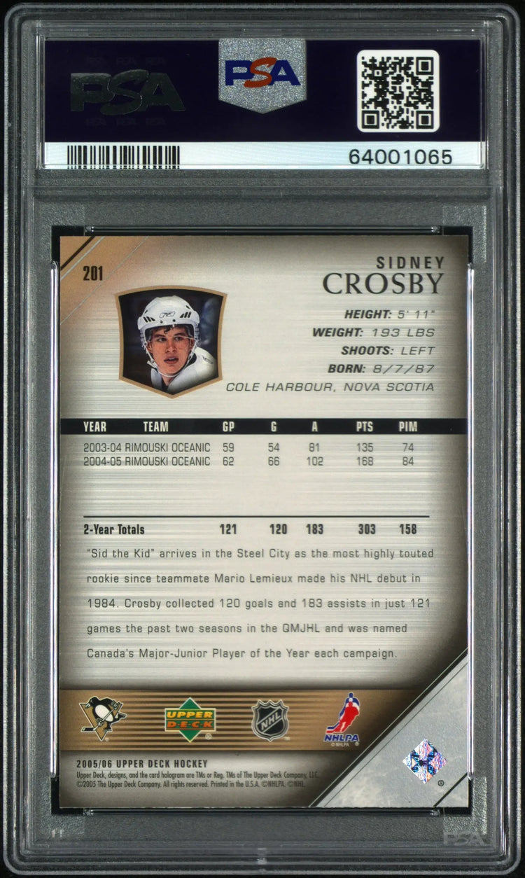 2005-06 Upper Deck Hockey Sidney Crosby Young Guns RC #201 PSA 10 
