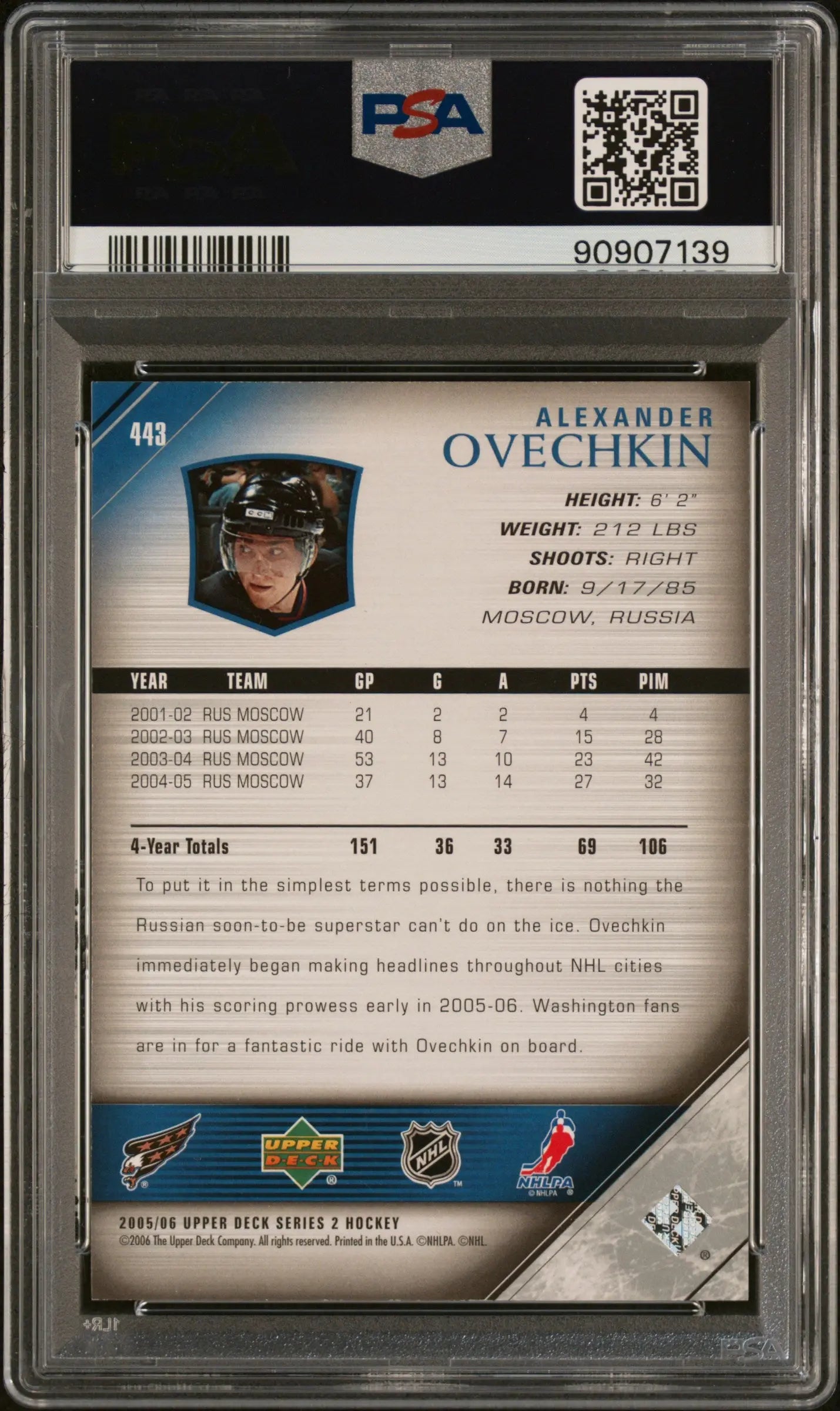 2005-06 Upper Deck Series 2 Alexander Ovechkin Young Guns RC Rookie PSA 10 