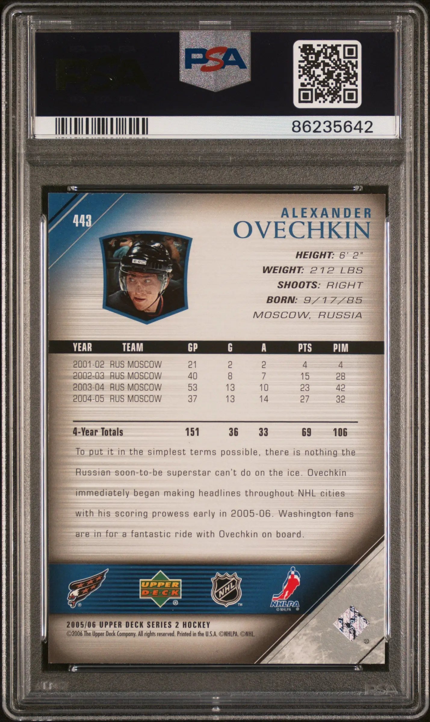 2005-06 Upper Deck Series 2 Alexander Ovechkin Young Guns RC #443 PSA 10 