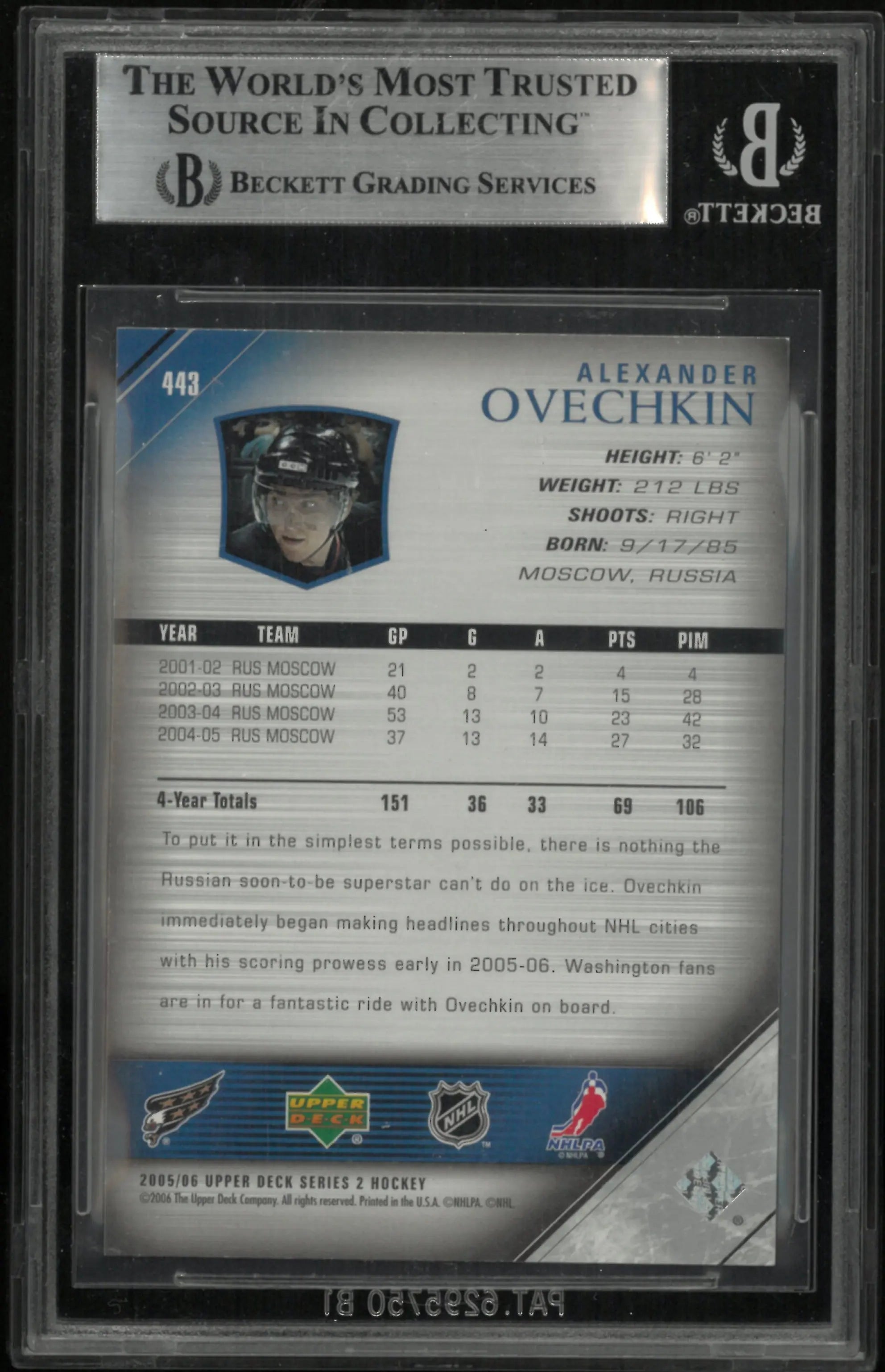 2005-06 Upper Deck Series 2 Alexander Ovechkin Young Guns RC #443 Rookie BGS 8 