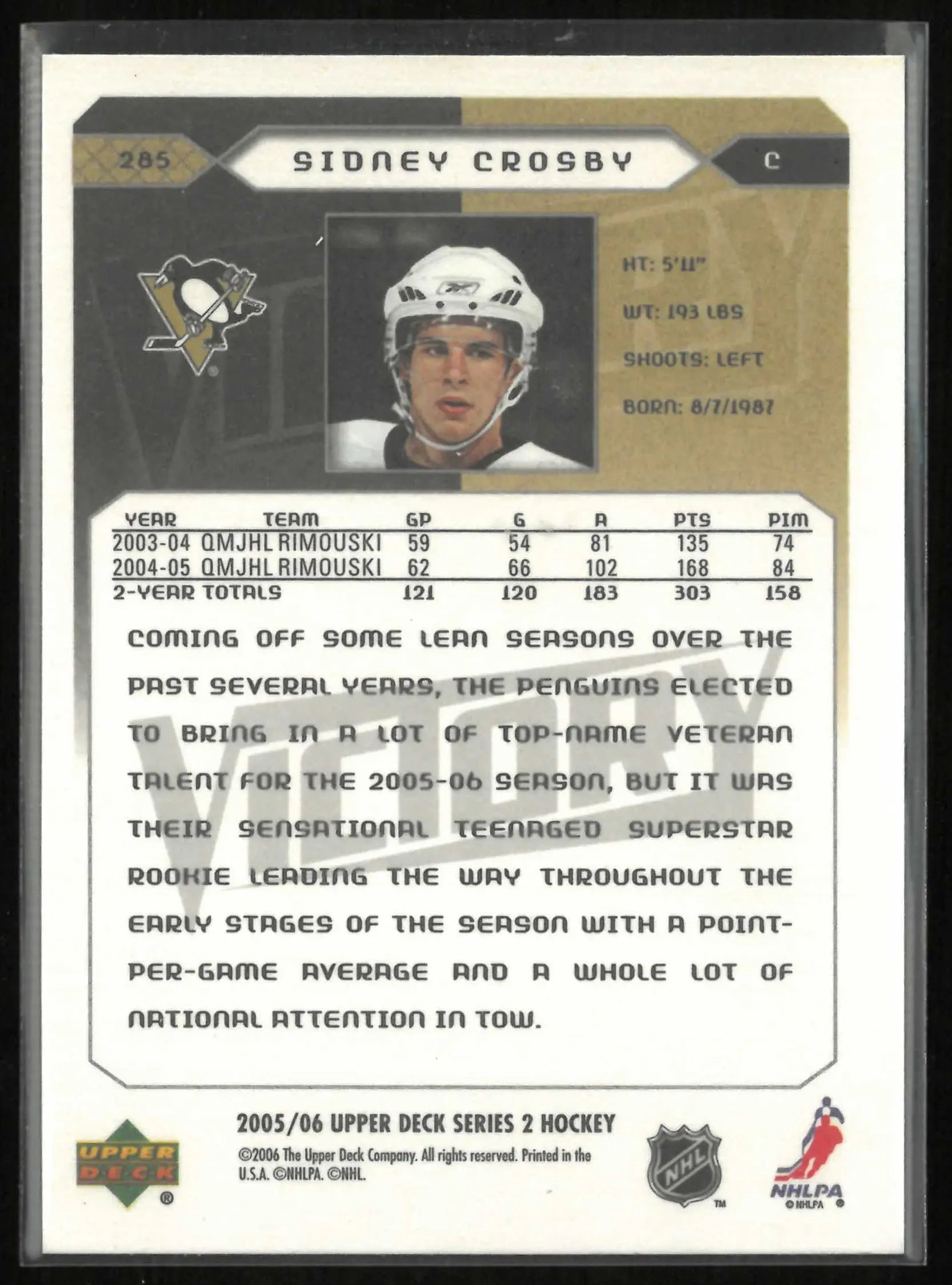 2005-06 Upper Deck Series 2 Victory Rookies Sidney Crosby RC 
