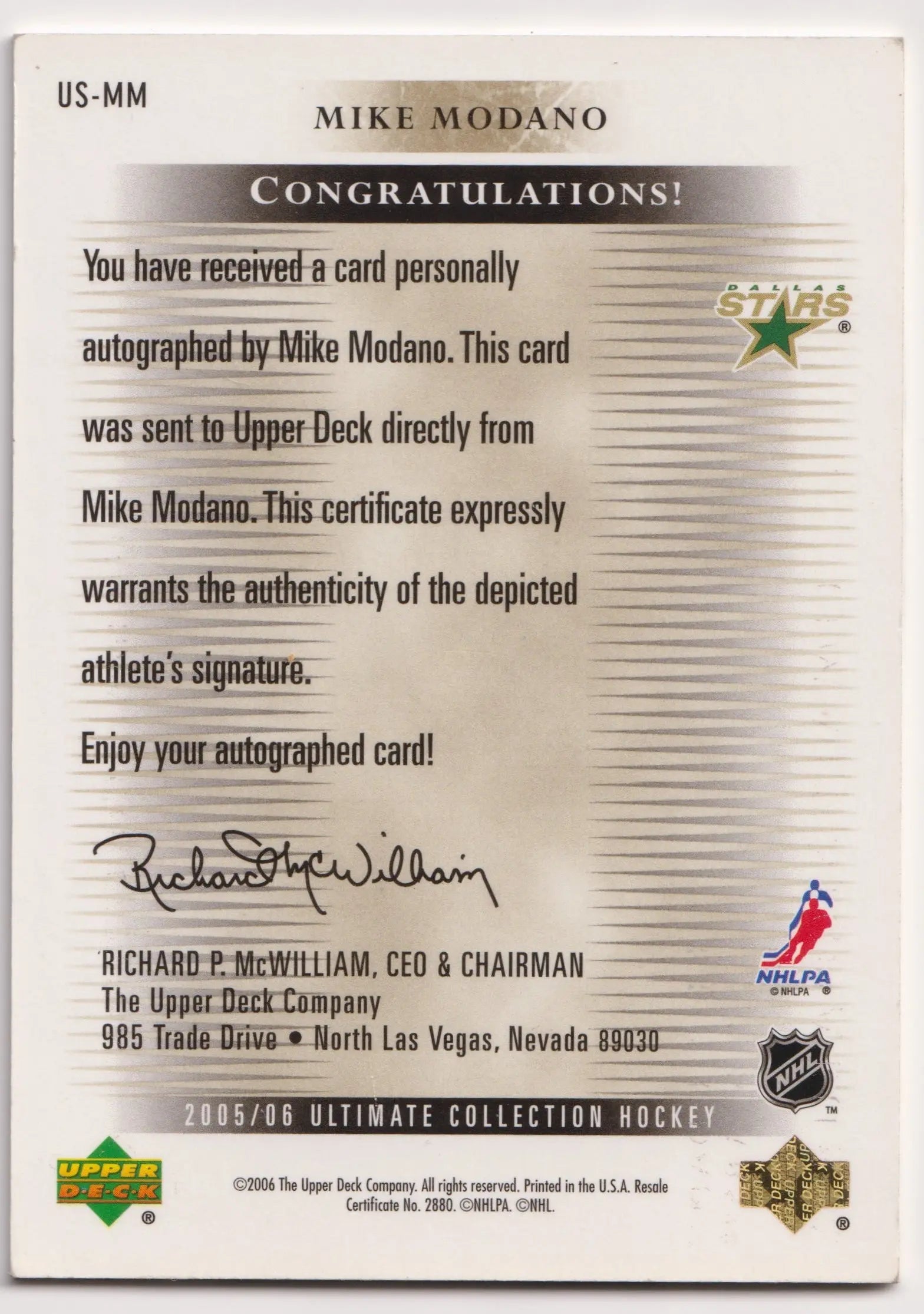 2005-06 Upper Deck Ultimate Autograph Mike Modano Auto 