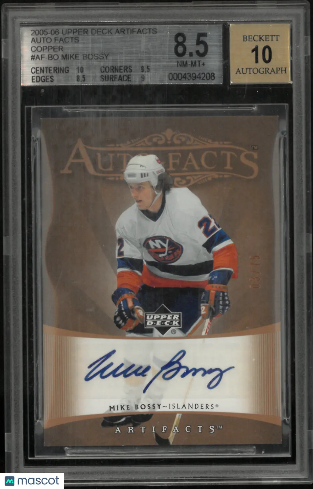 2005 Artifacts Auto Facts Copper Mike Bossy Autograph /75 BGS 8.5 Auto 10 