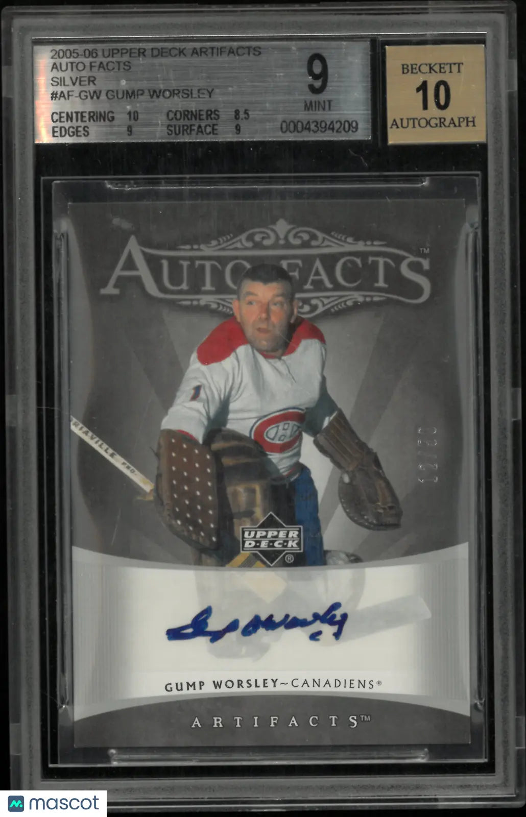 2005 Artifacts Auto Facts Silver Gump Worsley #AF-GW BGS 9 Auto 10 