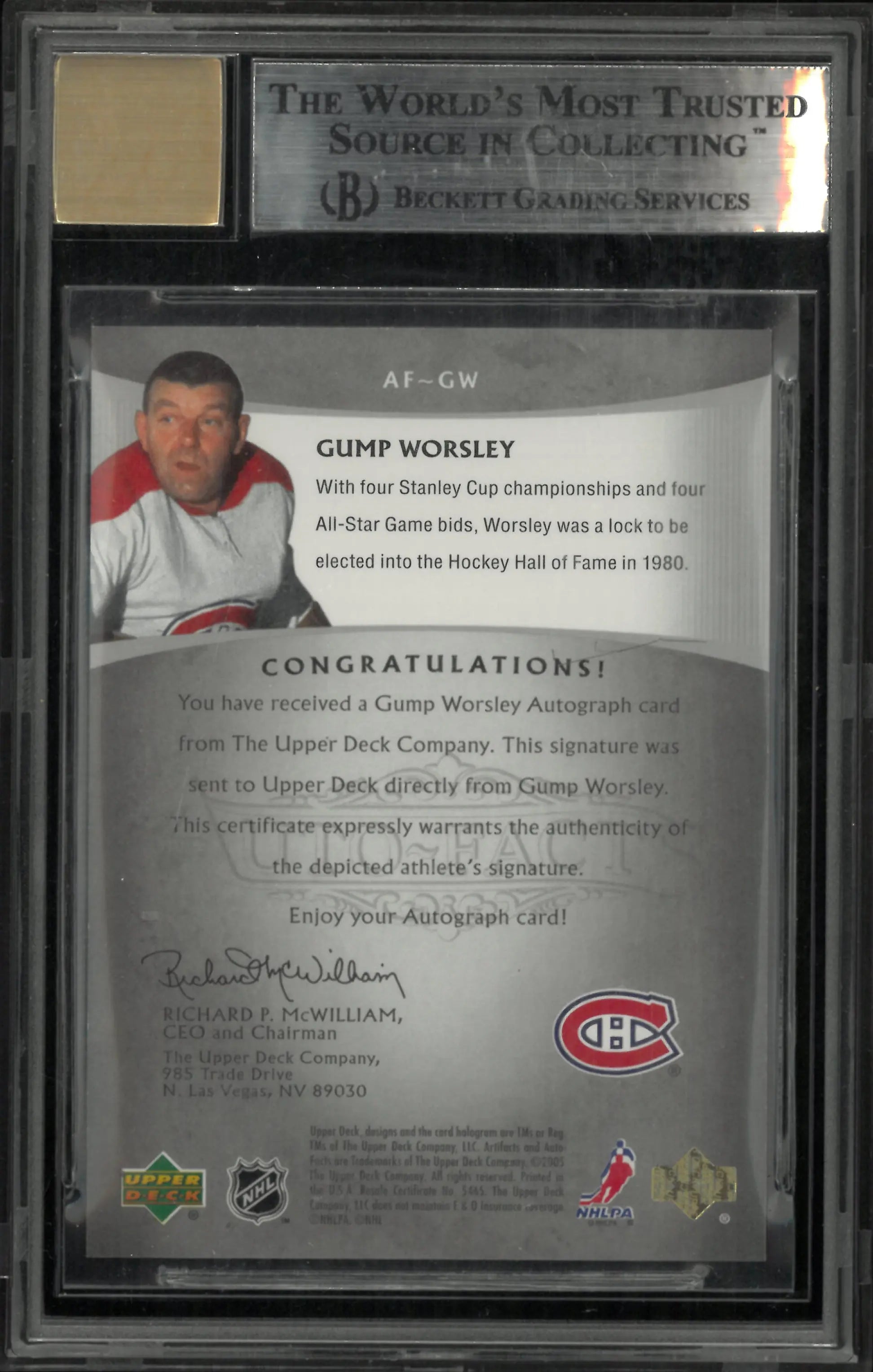 2005 Artifacts Auto Facts Silver Gump Worsley #AF-GW BGS 9 Auto 10 
