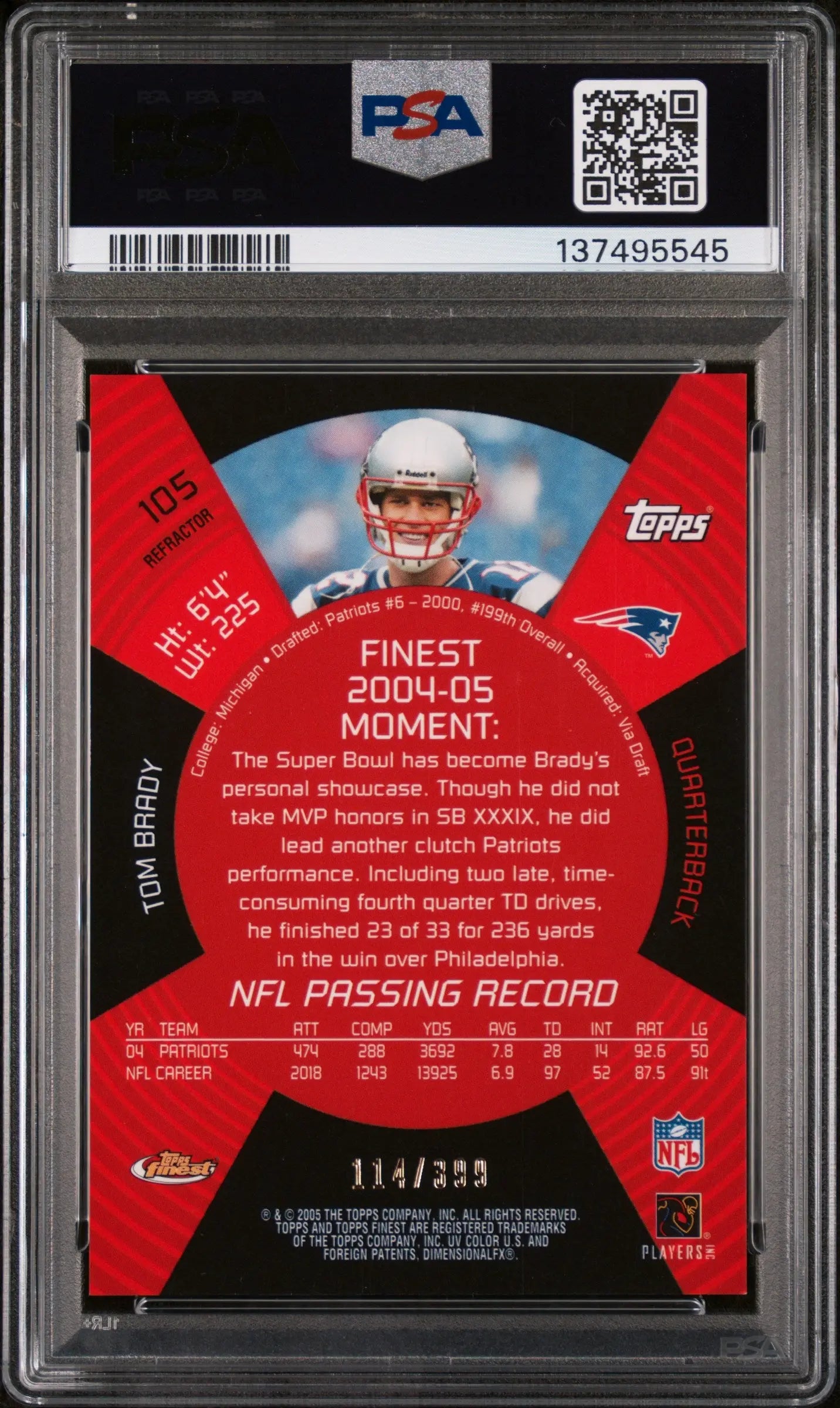 2005 Finest Football Refractor Tom Brady #105 /399 PSA 9 