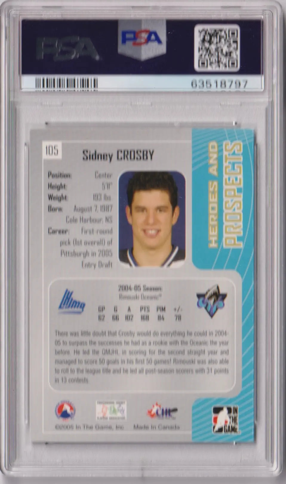 2005 In The Game Heroes & Prospects Sidney Crosby PSA 10 