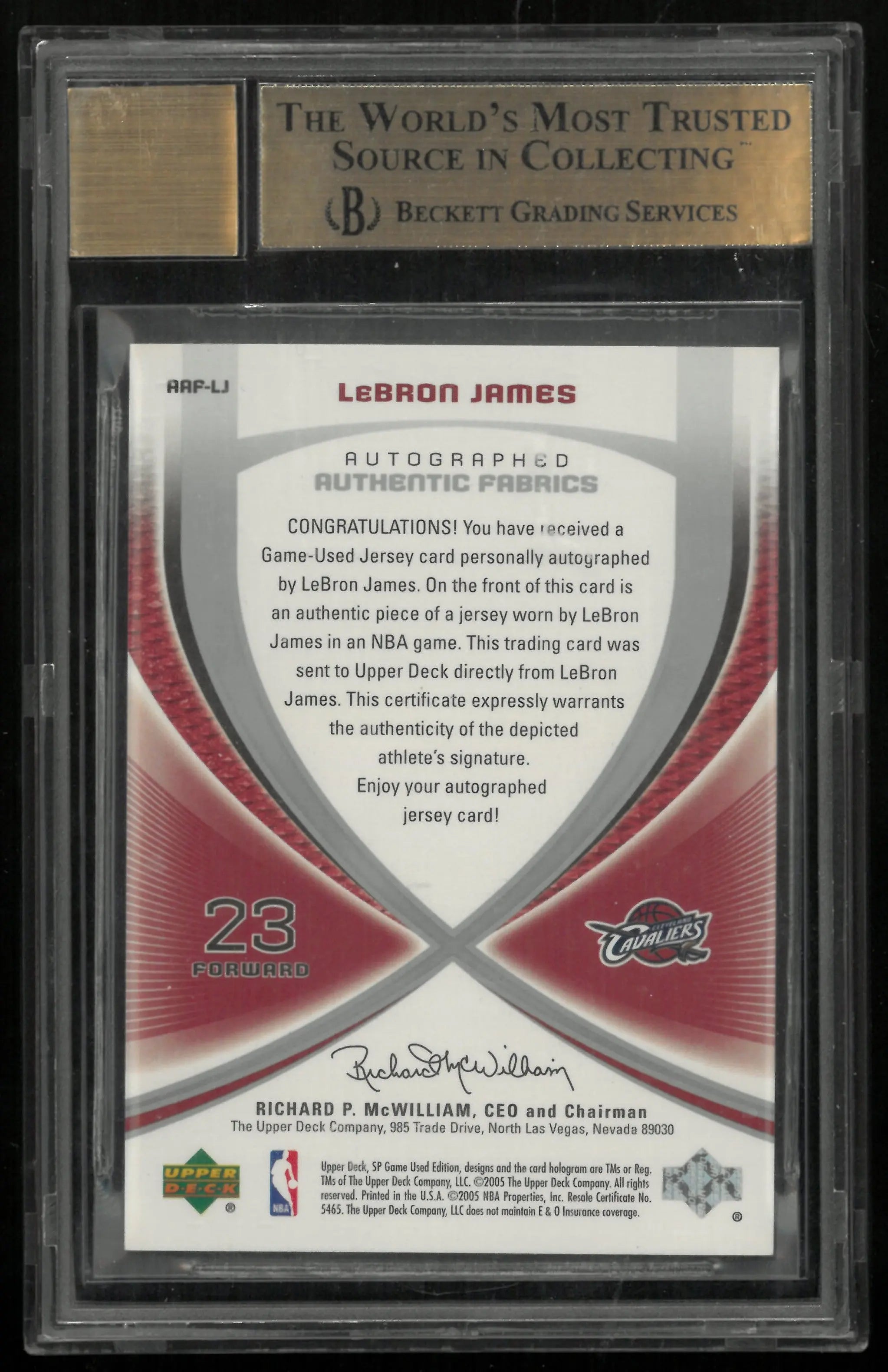 2005 UD SP Game Used Authentic Fabrics Auto LeBron James BGS 10 Auto 10 
